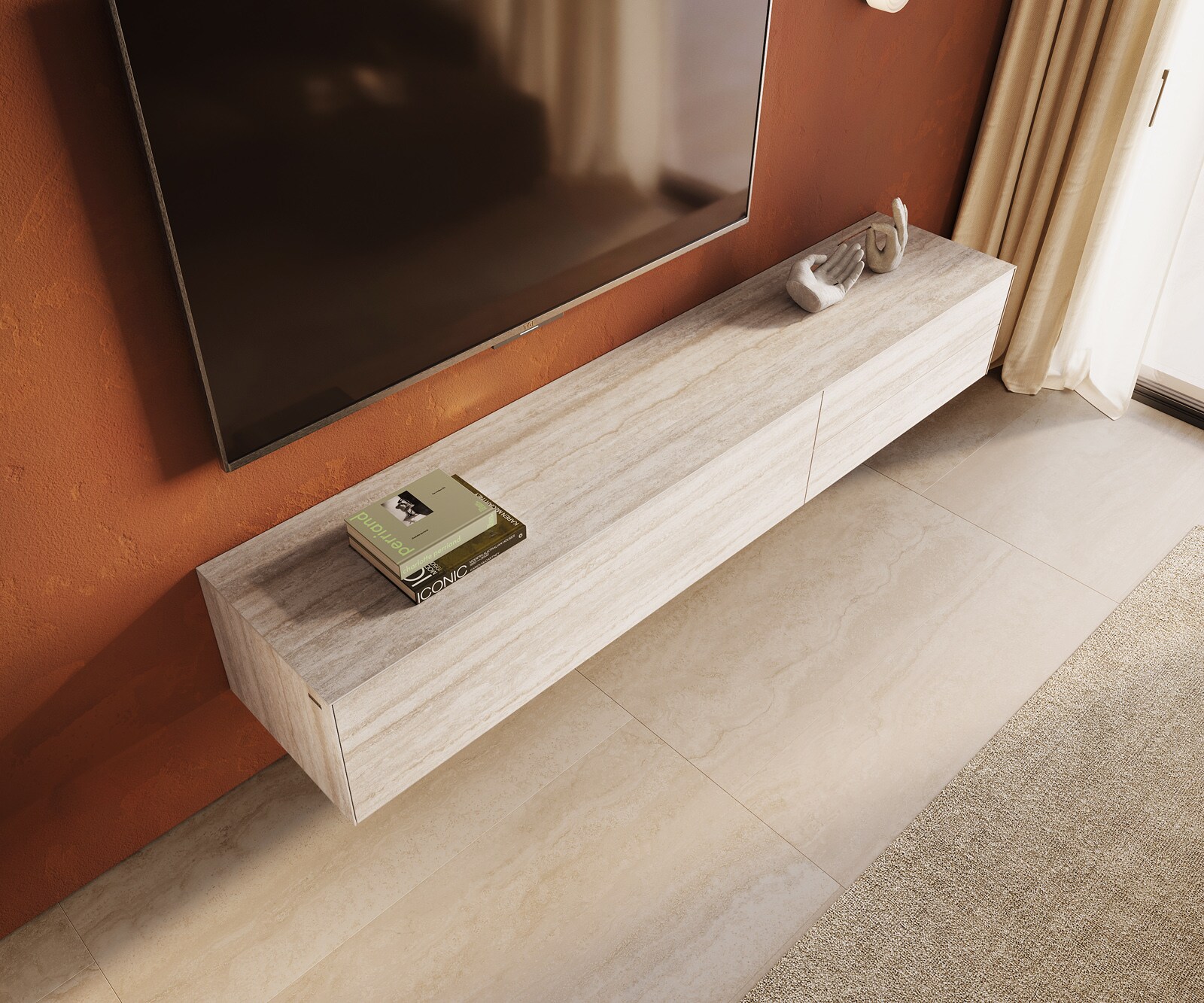 Szafka RTV Cuor 220 cm ceramika Laminam® Travertino Bianco kremowo-biała 1 klapa 2 szuflady podwieszana 4