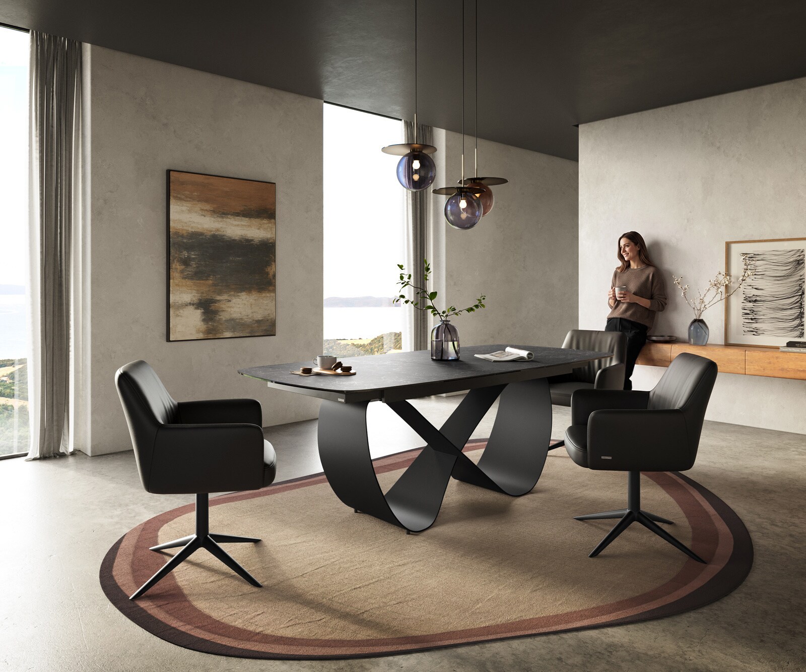 Stół do jadalni Edge w kształcie beczki 180-220x100 cm ceramika Laminam® Nero Greco Anthrazit rama Infinity metal czarny rozkładany 6
