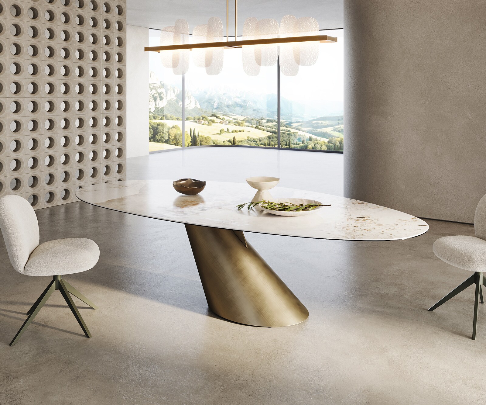Stół do jadalni Edge owalny 280x130cm ceramika Minas Melange biało-beżowy rama Cono metaliczny złoty 4
