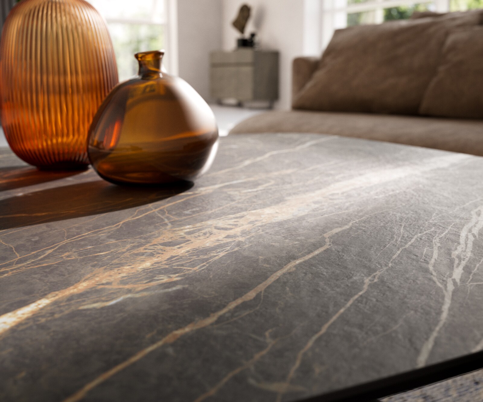Stolik kawowy Edge w kształcie beczki 90x90 cm ceramika Laminam® Noir Desir brązowy Conis srebrny metaliczny 7
