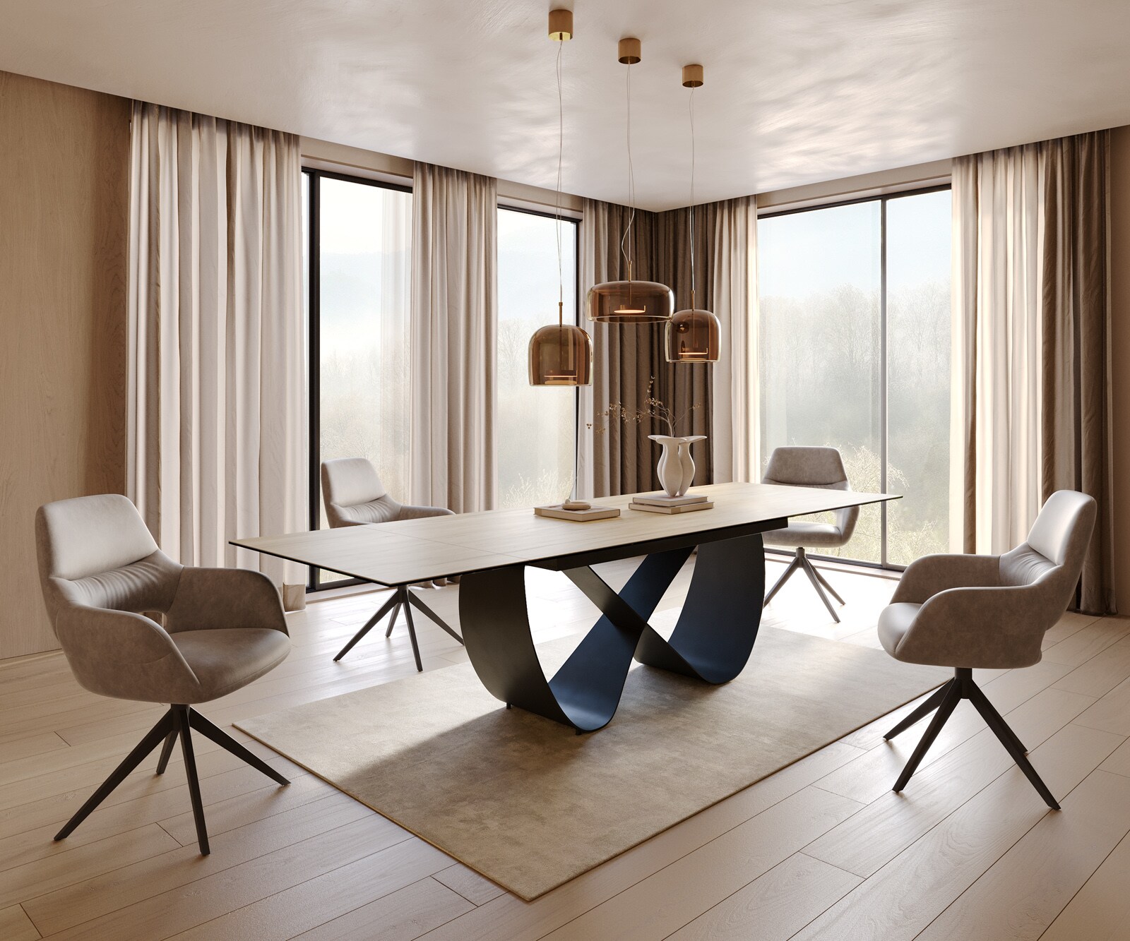 Stół do jadalni Edge 200-300x100cm ceramika Laminam® Sabbia kolor dębowy rama Infinity metal czarny rozkładany 6