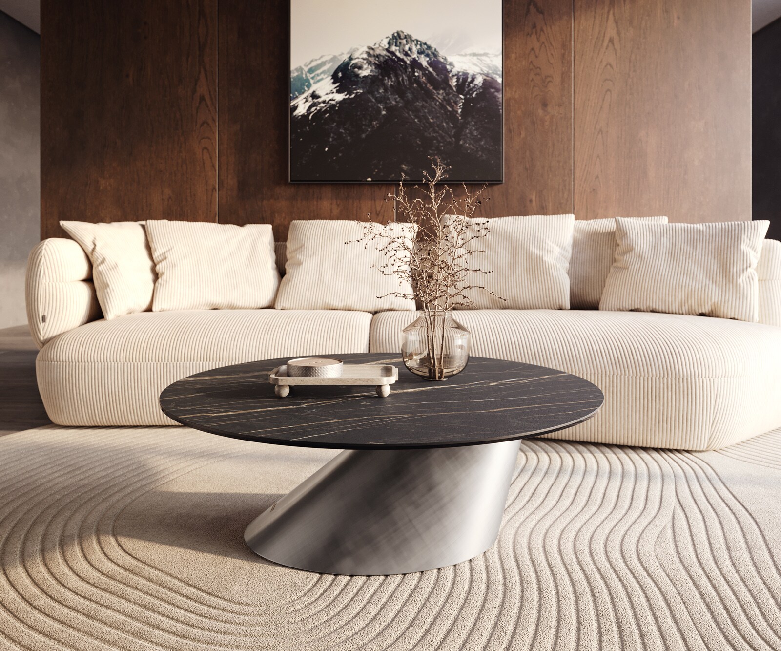 Stolik kawowy Edge okrągły 100x100 cm ceramika Laminam® Noir Desir brązowy Conis srebrny metaliczny 6