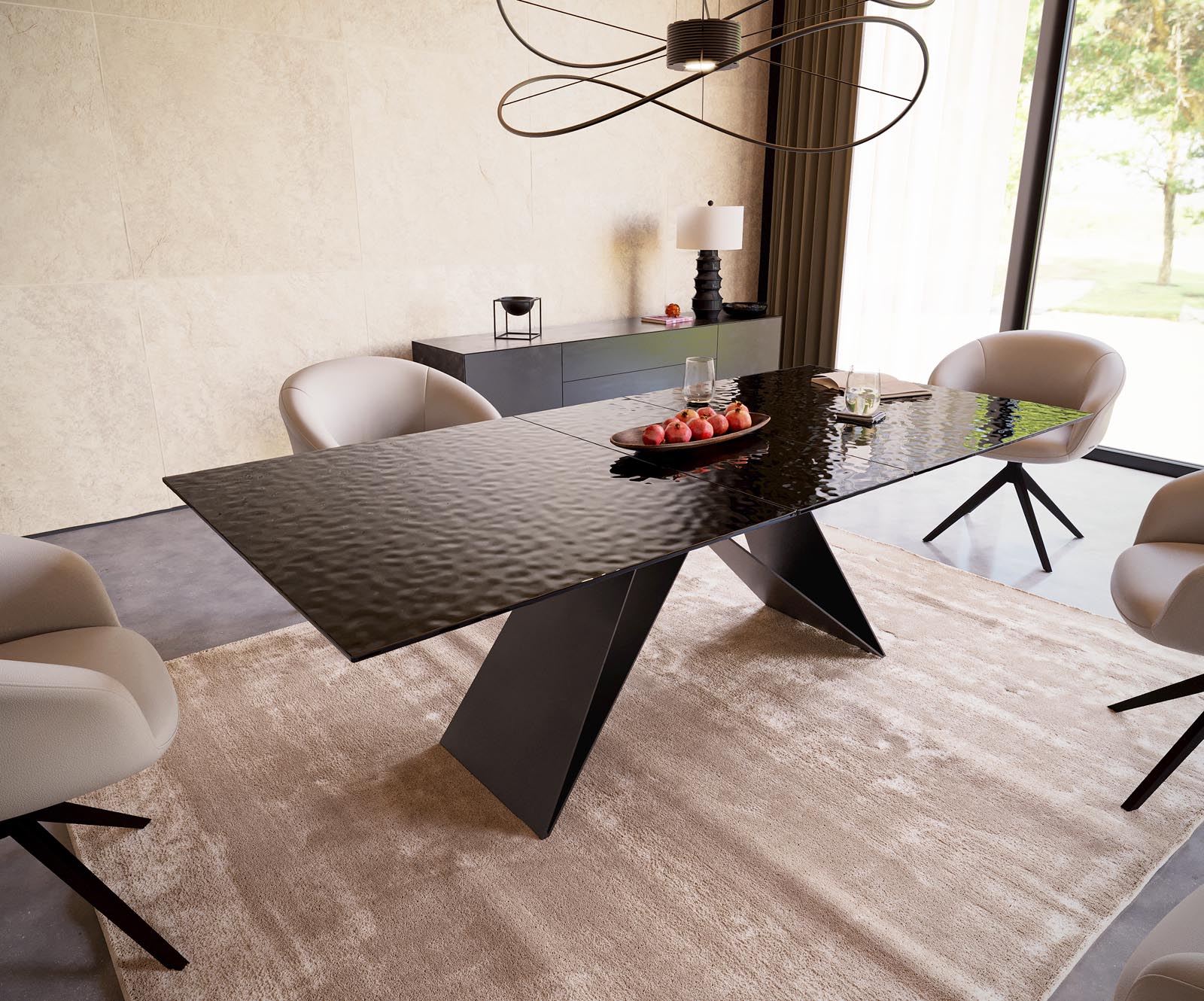 Stół do jadalni Edge 200-300x100 cm szkło reliefowe czarne efekt 3D rama W czarna rozkładany 3