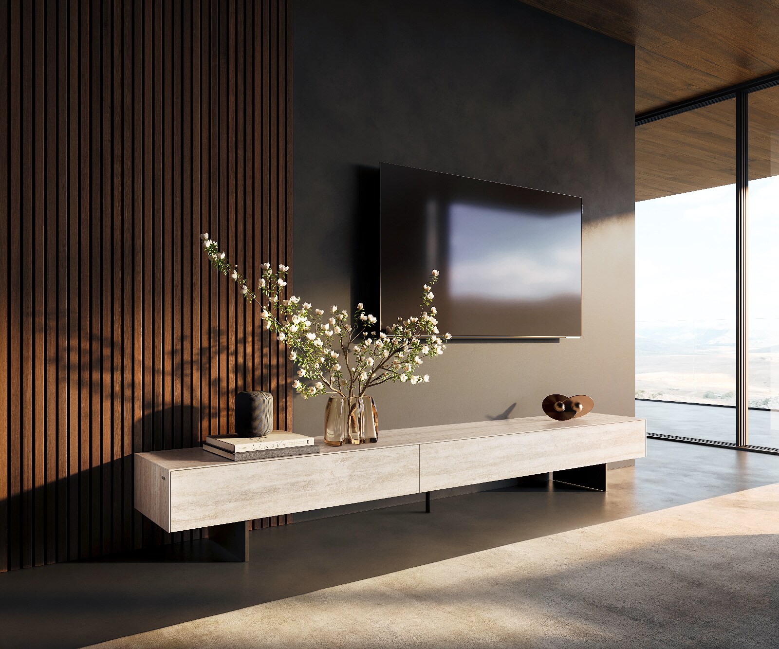 Szafka RTV Cuor 250 cm ceramika Laminam® Travertino Bianco kremowo-biała 1 klapa 1 szuflada nóżki wąskie czarny metal 1