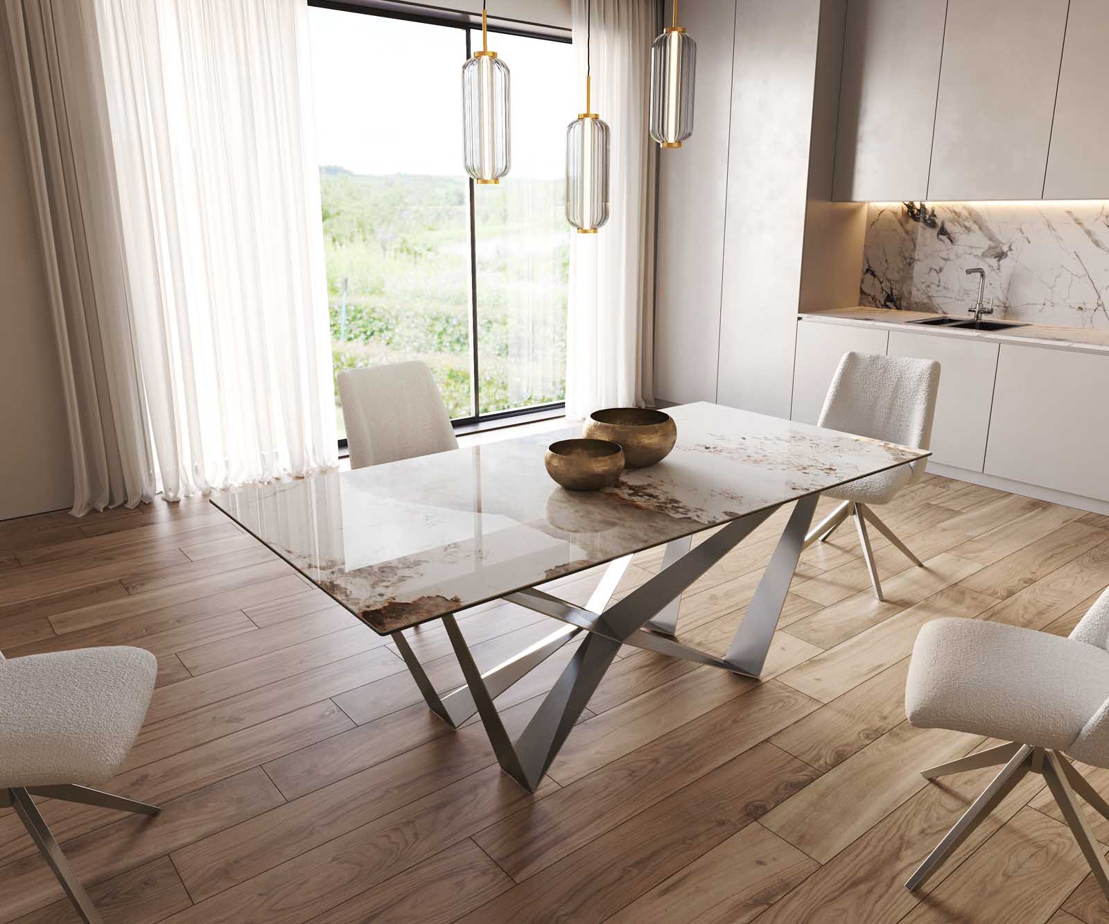 Stół do jadalni Edge 200x100 cm ceramika Minas Melange biało-beżowy rama Spider stal nierdzewna