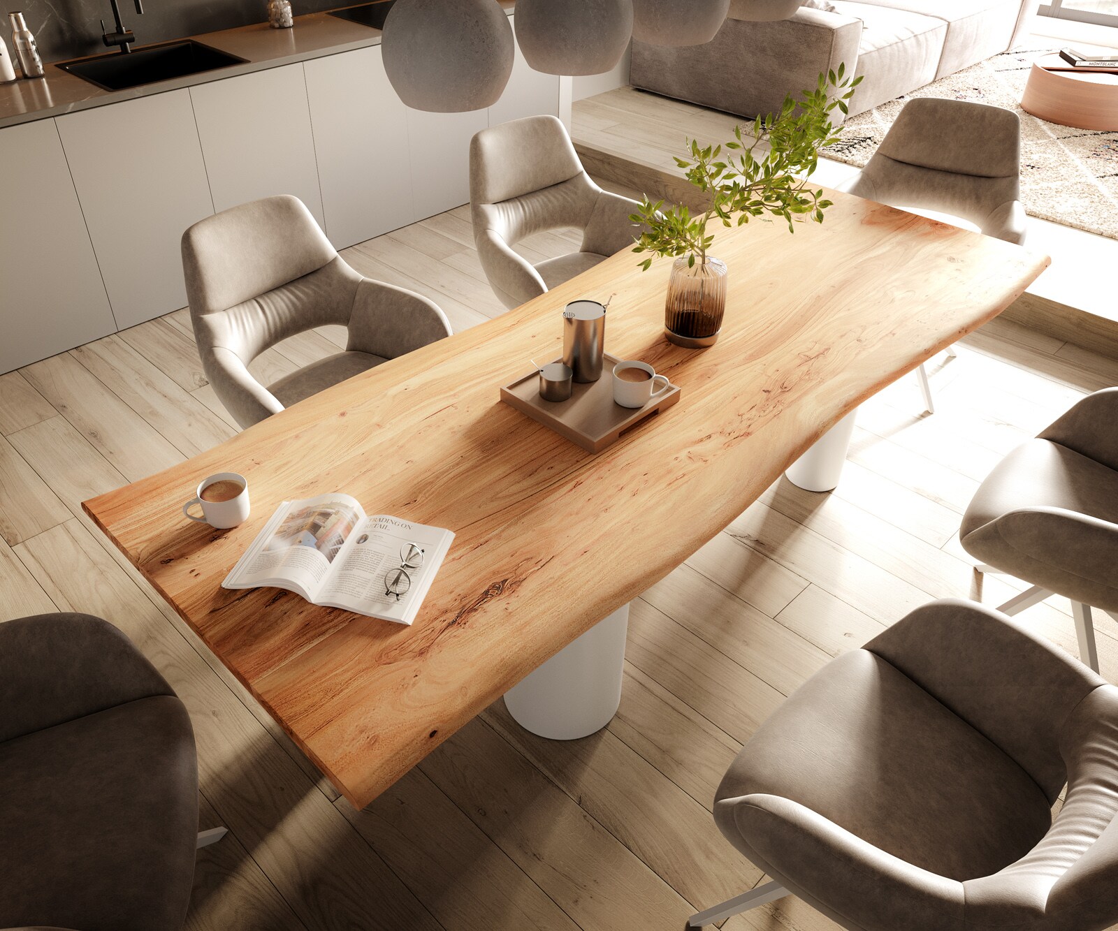 Stół do jadalni Edge 260x100 cm akacja naturalna rama Pilier metal biały 4