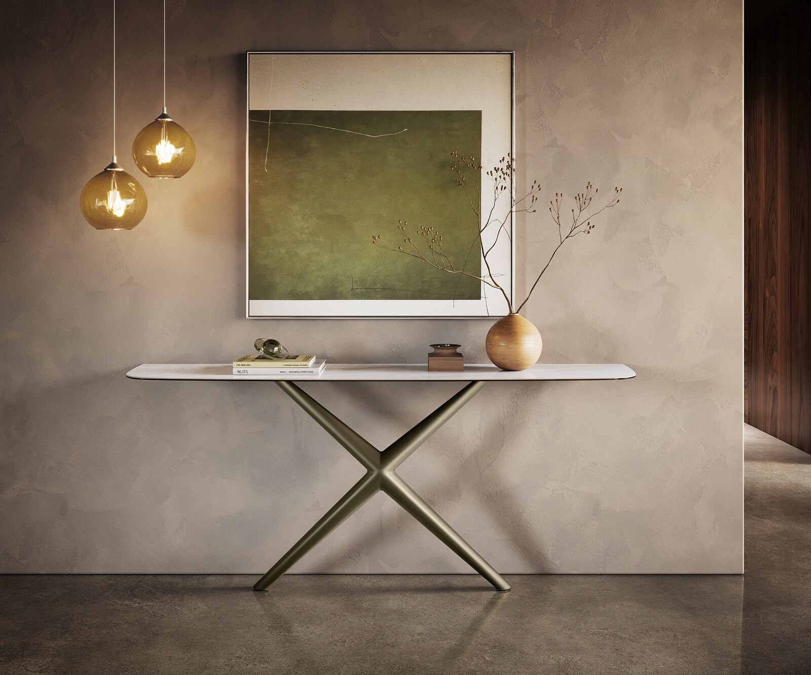 Konsola Edge w kształcie beczki 180x40 cm ceramika Onyx Pearl rama Estelo metal w kolorze tytanu 1