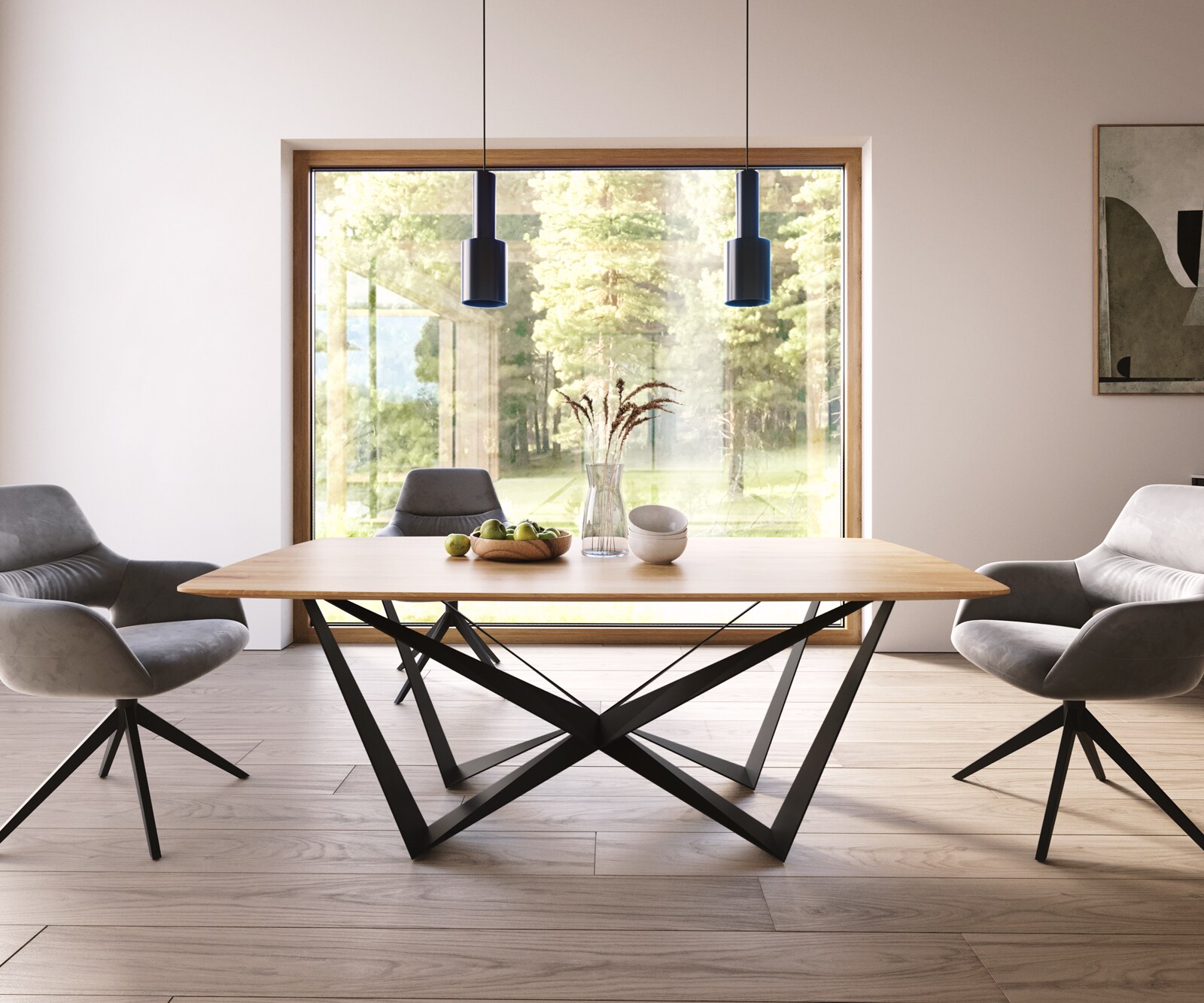 Stół do jadalni Edge w kształcie beczki 200x100x2,5-3 dąb naturalny rama Spider czarna krawędź szwajcarska 4