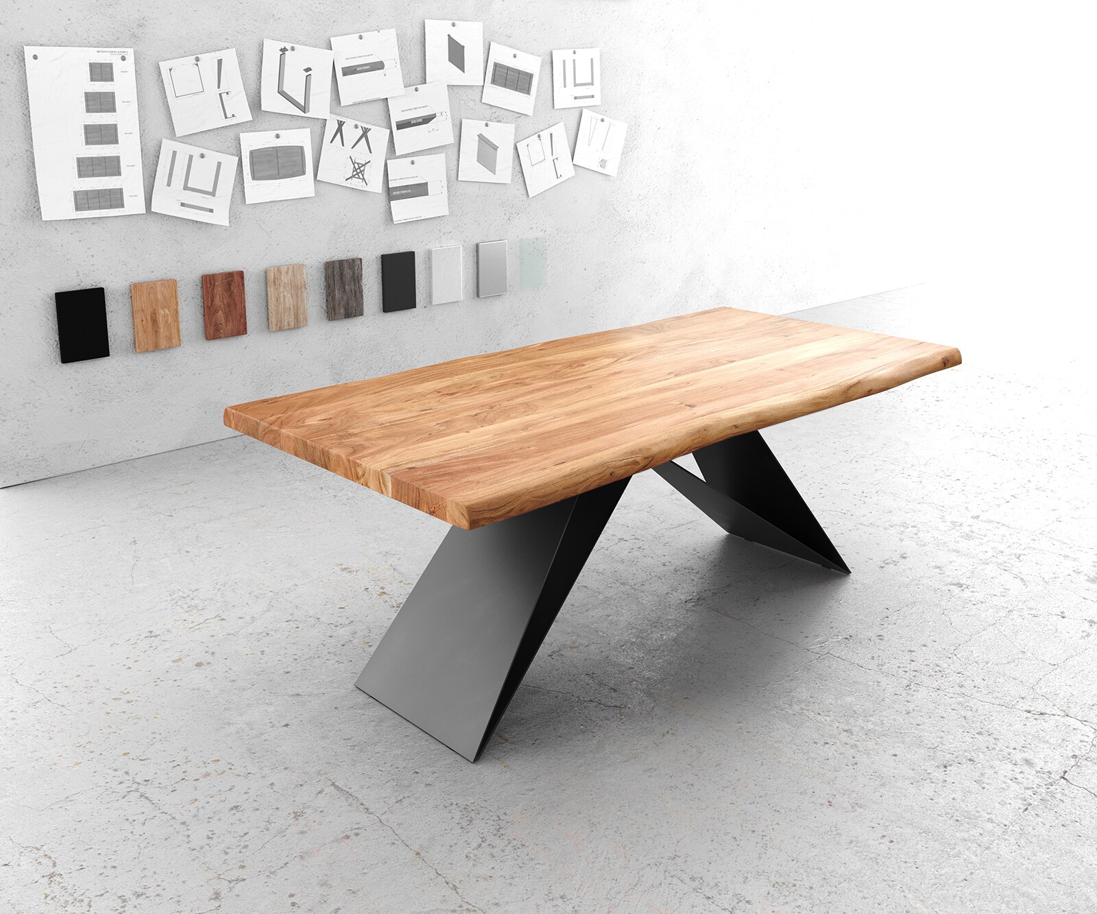Stół do jadalni Edge 200x100 cm XL akacja naturalna rama V metal czarna live-edge 1