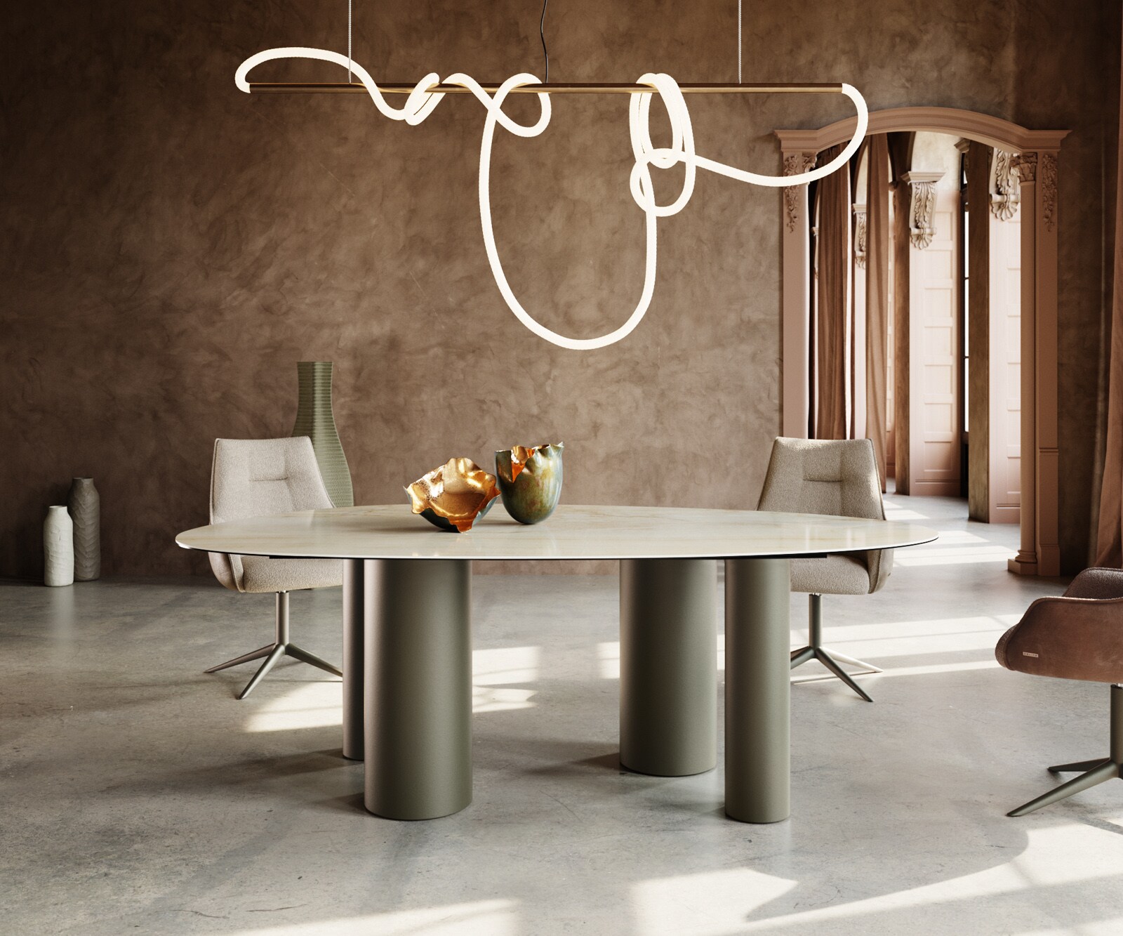 Stół do jadalni Edge owalny 220x120cm ceramika Iris FMG Onice Oro rama Pilier metal kolor tytanowy 1