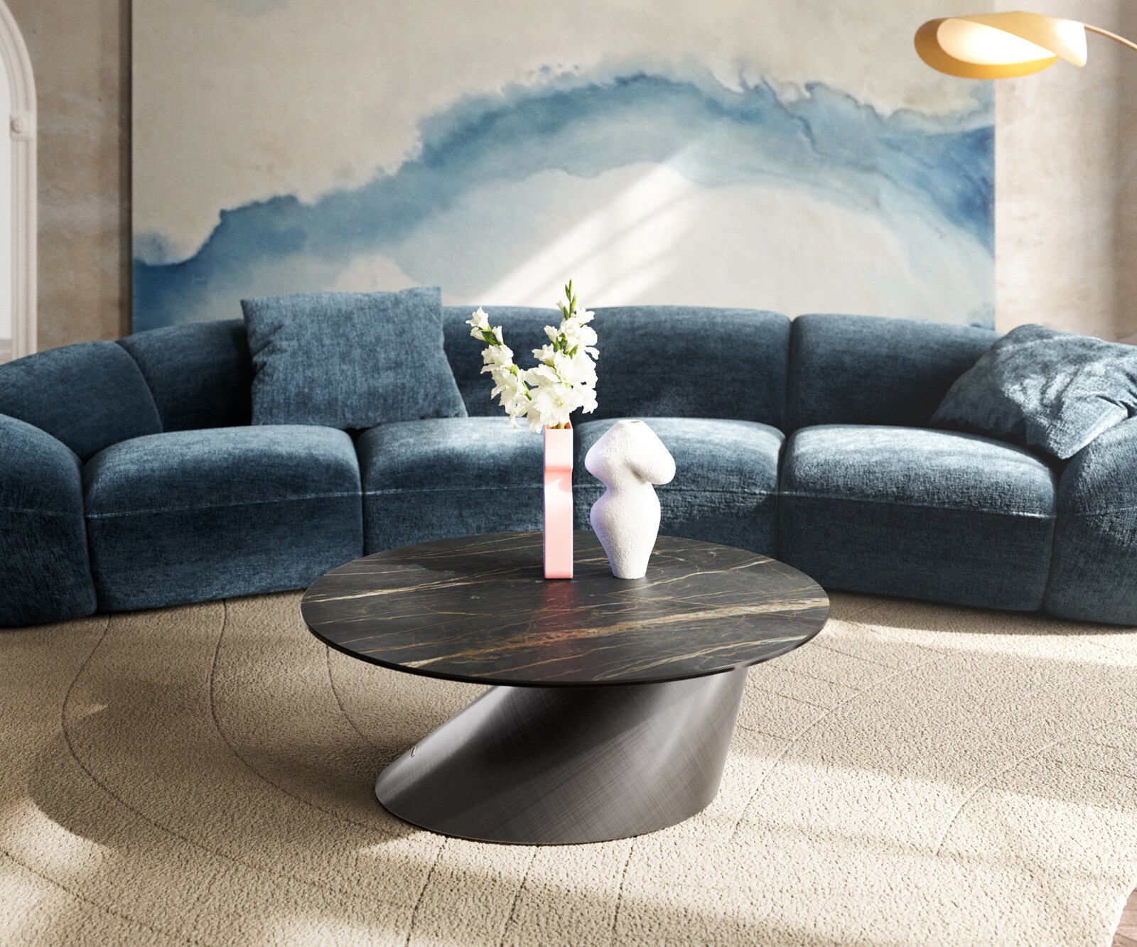 Stolik kawowy Edge okrągły 90x90 cm ceramika Laminam® Noir Desir brązowy Conis srebrny metaliczny 2