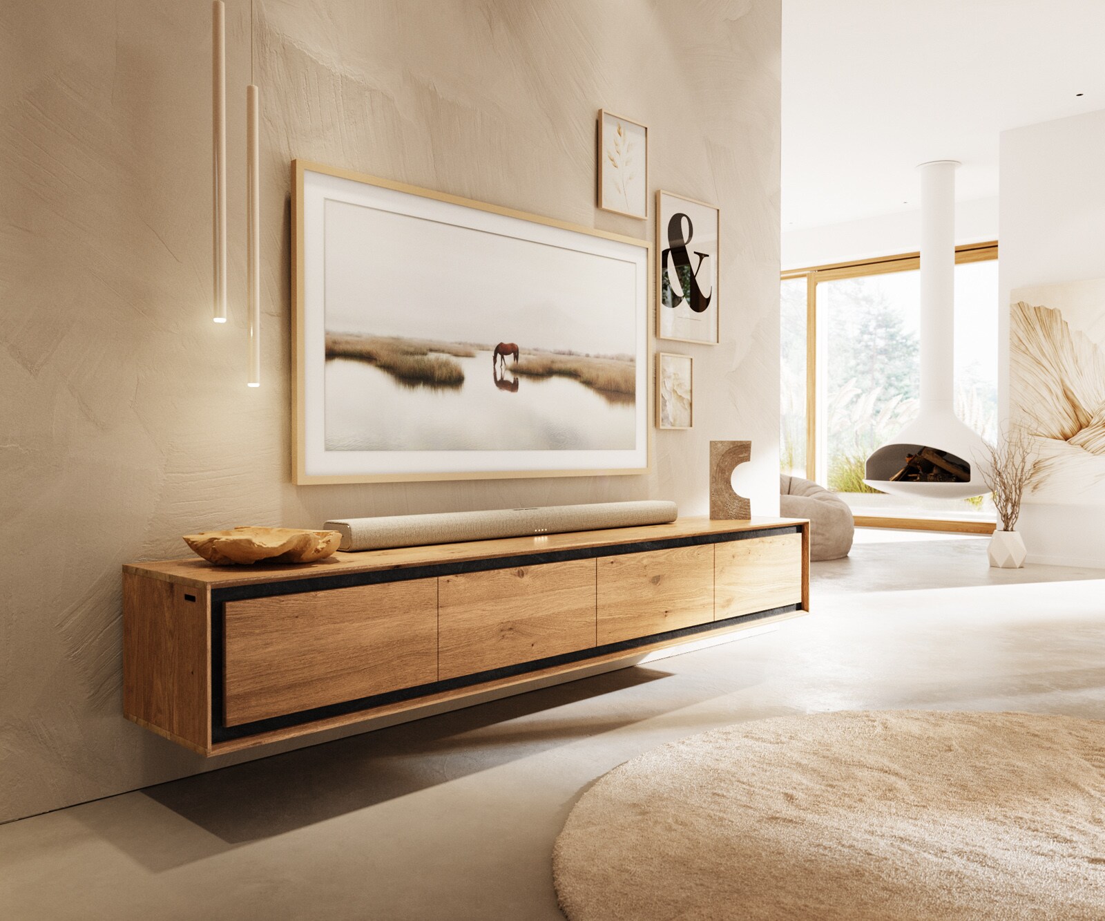 Szafka RTV Stonegrace 200 cm dąb naturalny 4 drzwi fornir kamienny podwieszana