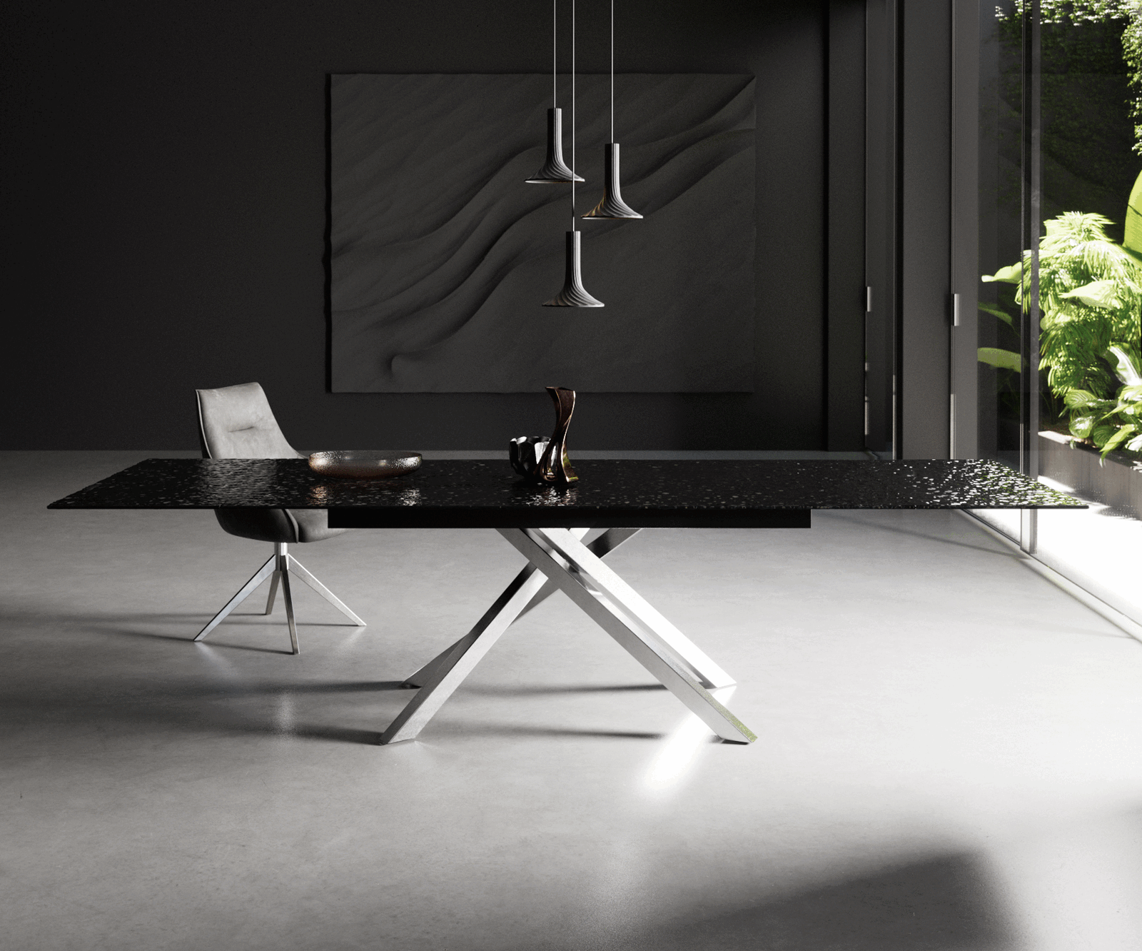 Stół do jadalni Edge 200-300x100 cm szkło reliefowe czarne efekt 3D rama Cross stal nierdzewna rozkładany 2