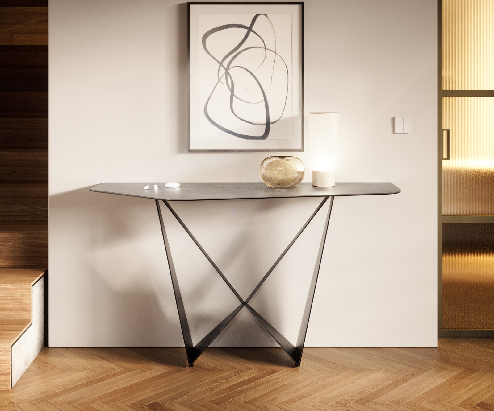 Konsola Edge wielokątna 140x50 cm ceramika w kolorze betonowej szarości podstawa Spios metal czarny 4