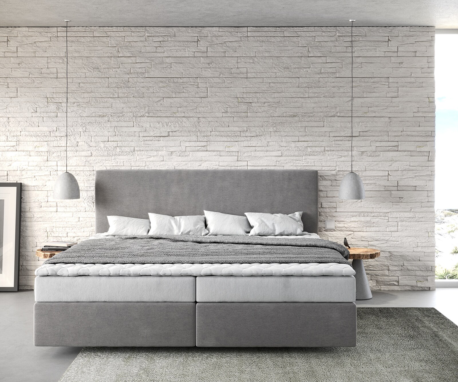 Łóżko kontynentalne Dream-Well mikrofibra szara 200x200cm materac bonellowy topper PU 1