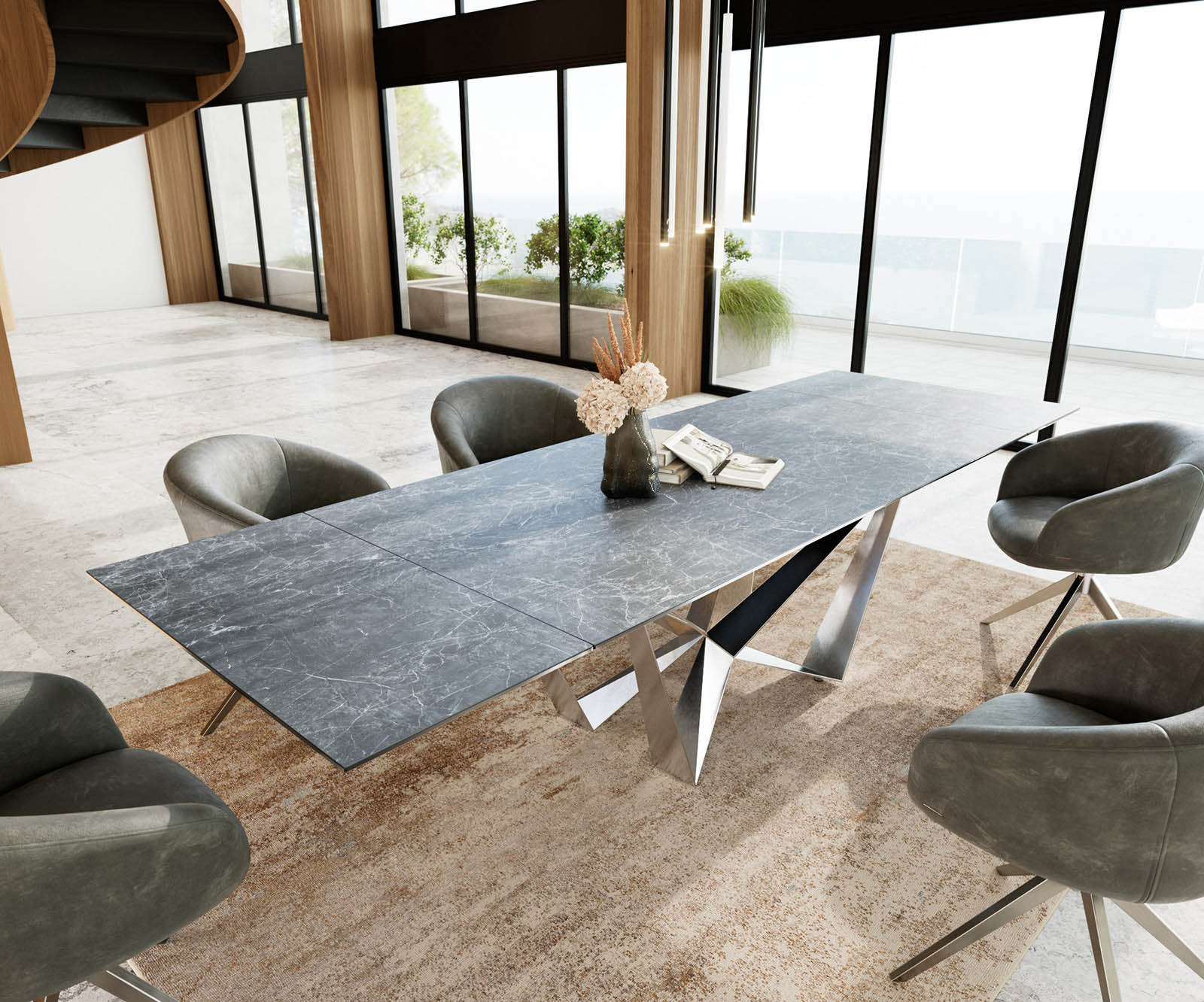 Stół do jadalni Edge 200-300x100 cm ceramika Laminam® Nero Greco antracyt rama Spider stal nierdzewna rozkładany
