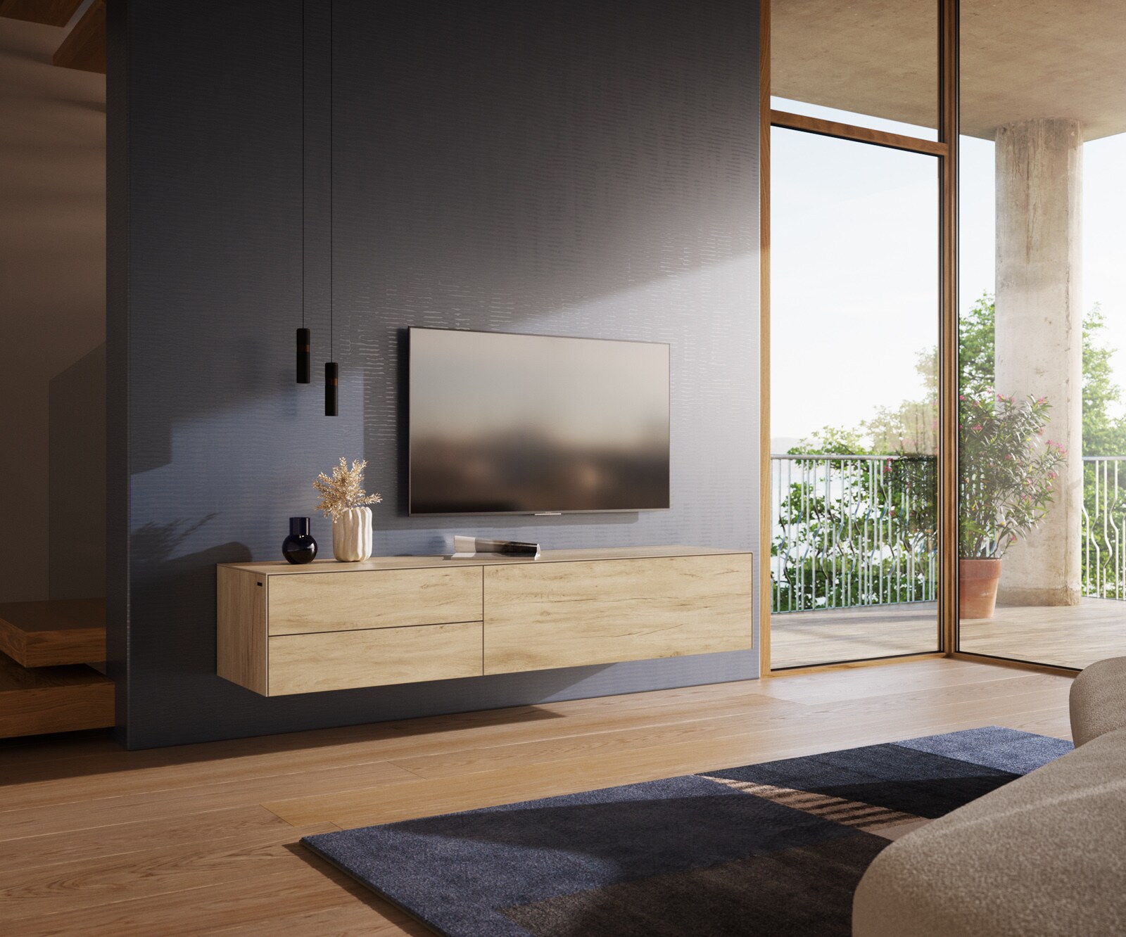 Szafka RTV Cuor 180 cm ceramika Laminam® Sabbia (kolor dębu) 1 klapa 2 szuflady podwieszana 1