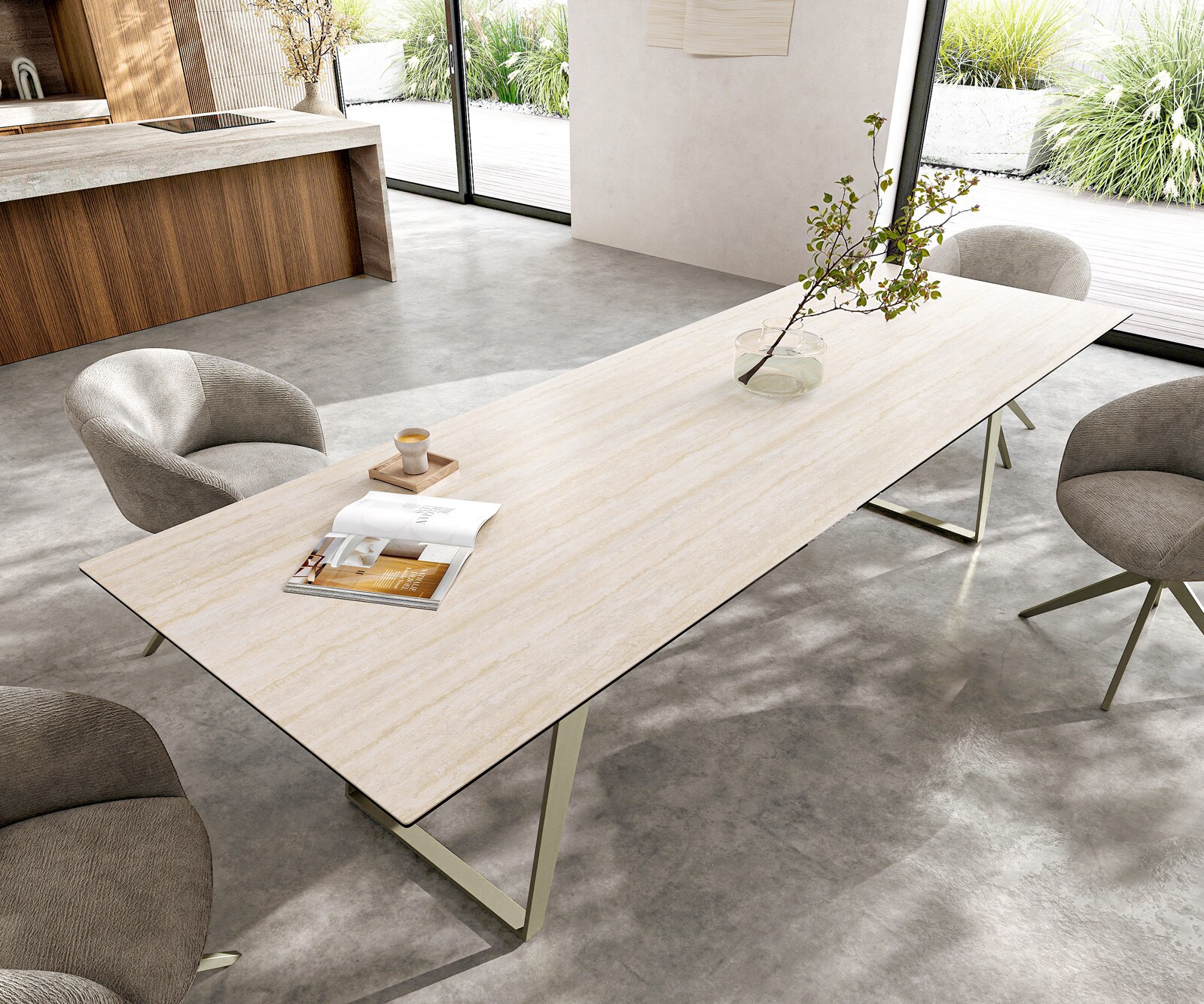 Stół do jadalni Edge 300x100cm ceramika Laminam® Travertino Bianco kremowo-biały rama pochylona metal kolor tytanowy 3