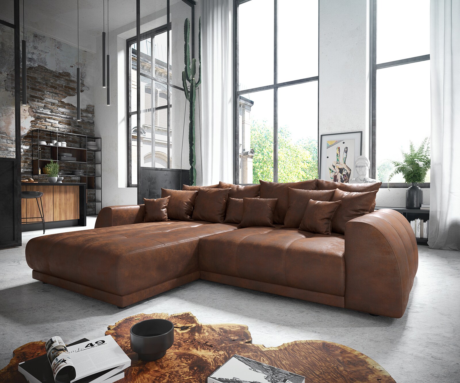 Sofa narożna Violetta 300x220 cm skóra ekologiczna brązowa z możliwością zmiennego montażu