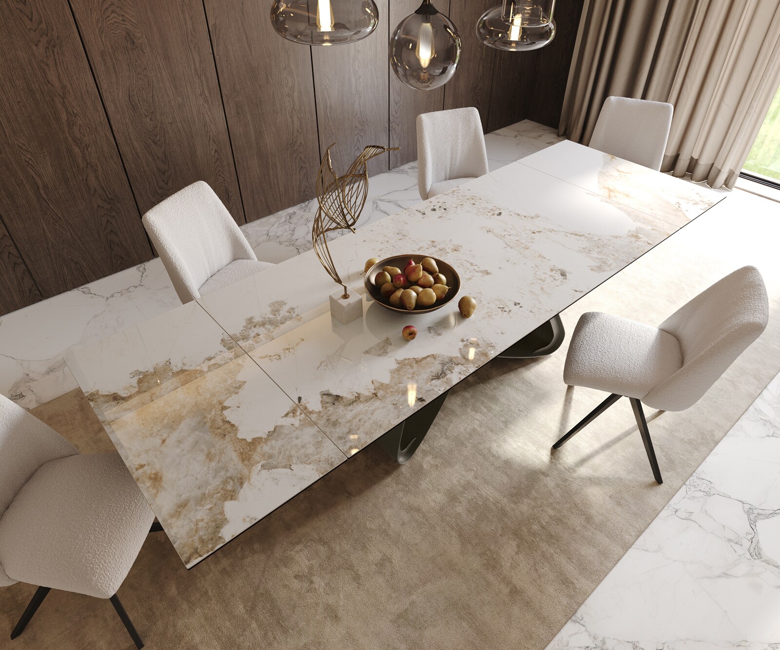 Stół do jadalni Edge 200-300x100 cm ceramika Minas Melange biało-beżowy rama W kolor tytanowy rozkładany 5