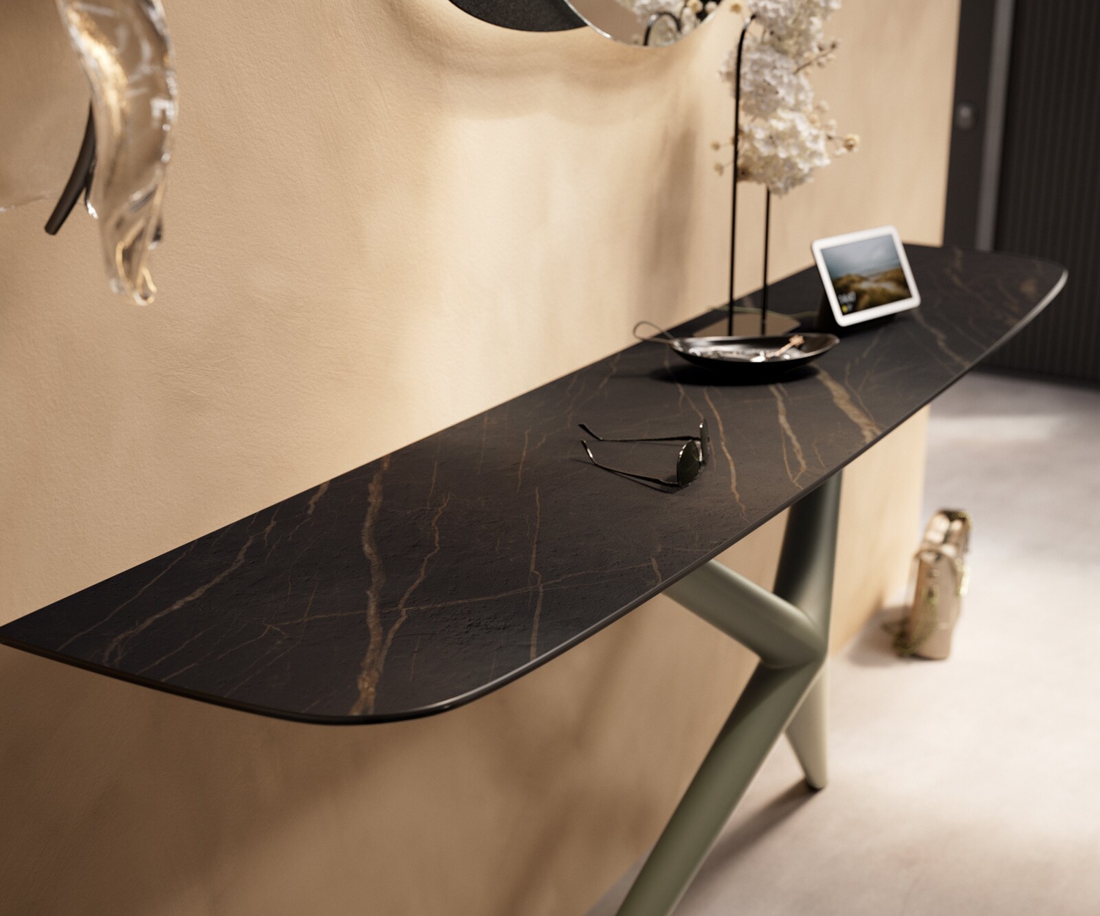 Konsola Edge w kształcie beczki 180x40 cm Laminam® Noir Desir brązowa rama Estelo metal w kolorze tytanu 6