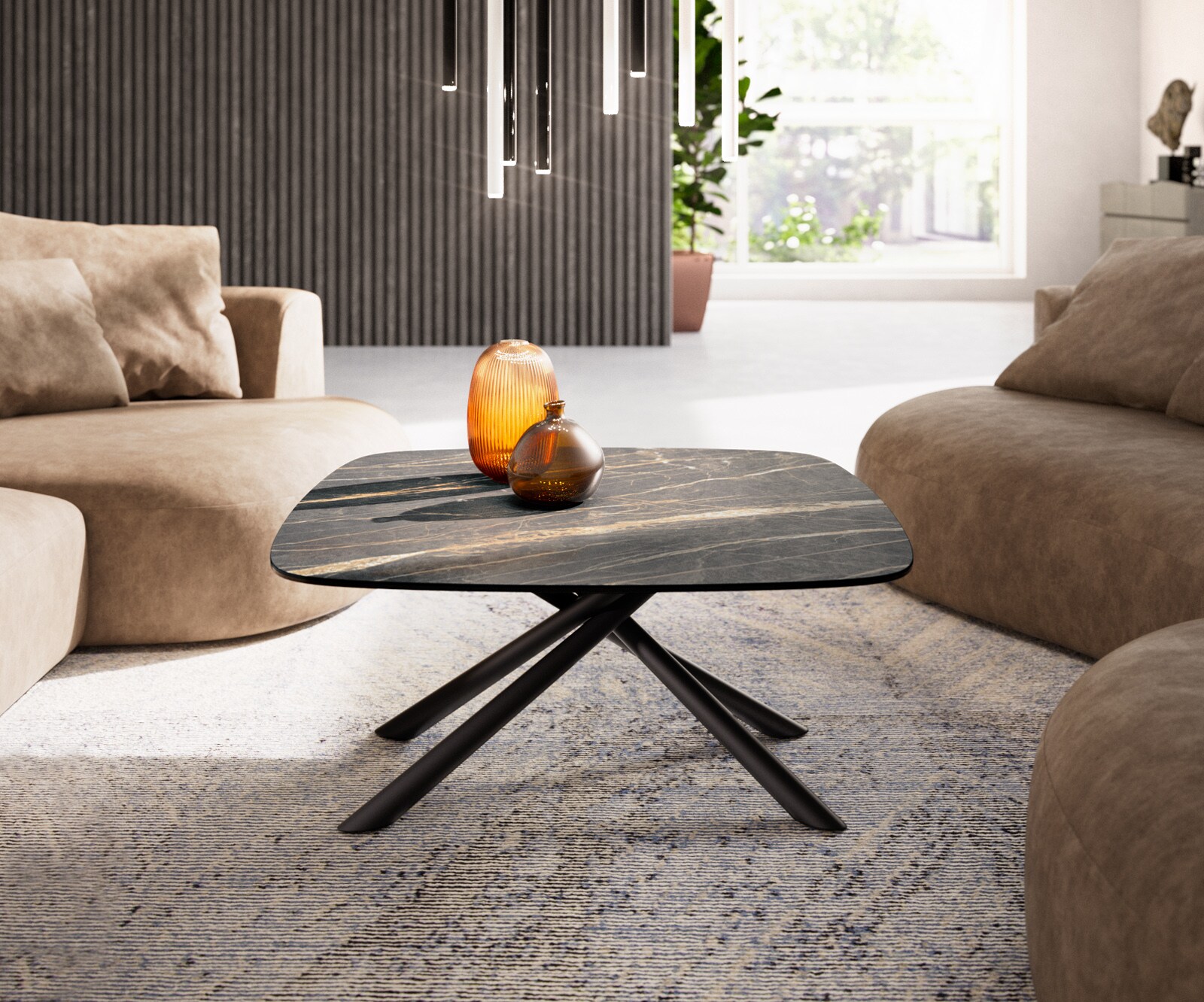 Stolik kawowy Edge w kształcie beczki 90x90 cm ceramika Laminam® Noir Desir brązowy Sarity czarny metal 2