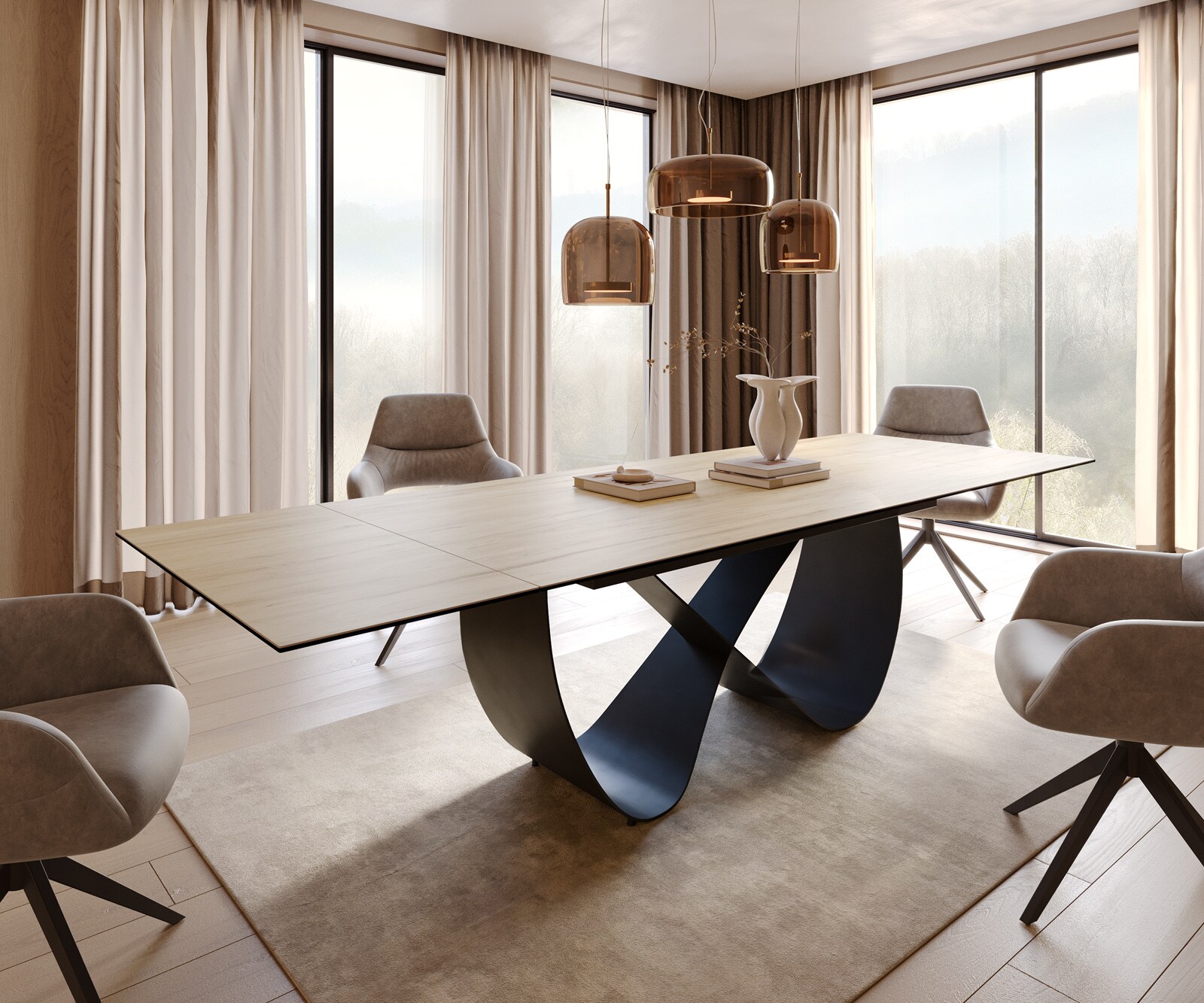 Stół do jadalni Edge 200-300x100cm ceramika Laminam® Sabbia kolor dębowy rama Infinity metal czarny rozkładany