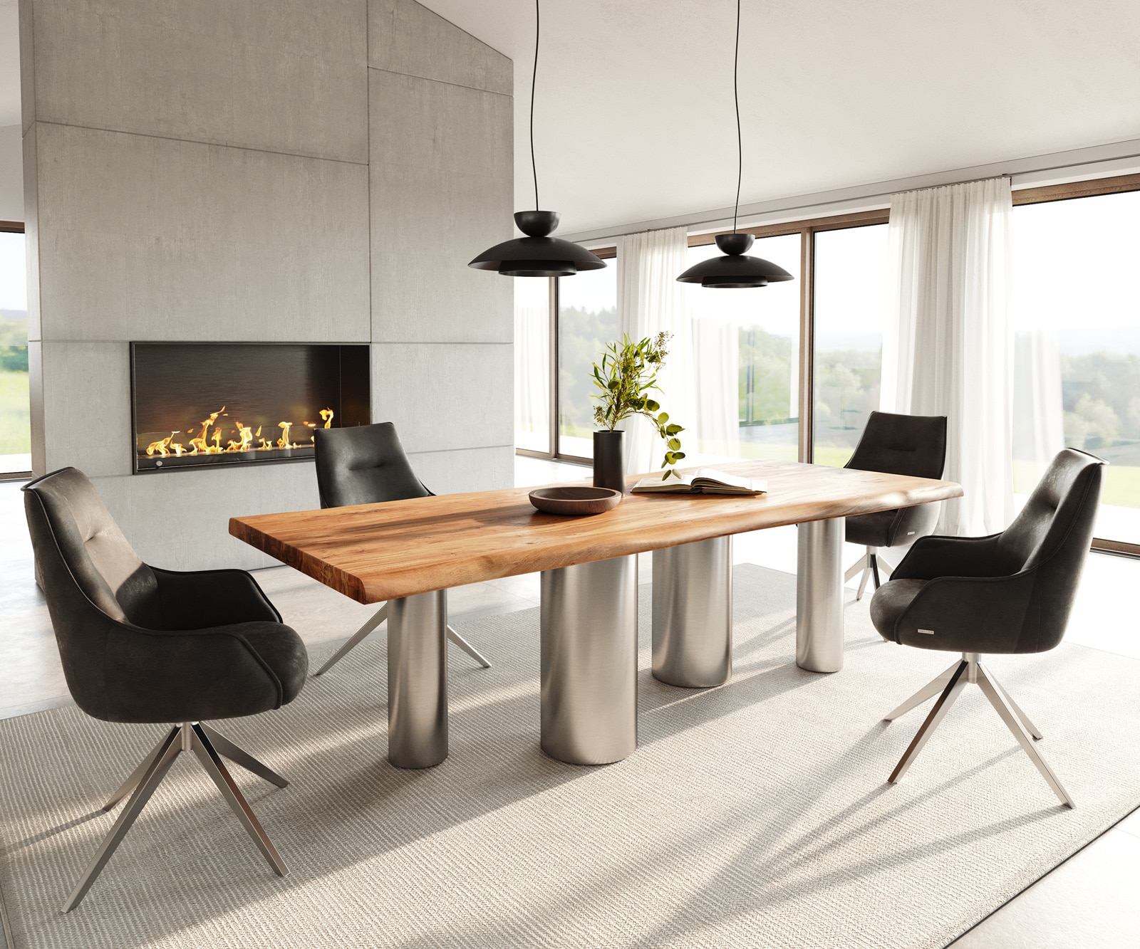 Stół do jadalni Edge 240x100cm akacja naturalna rama Pilier stal nierdzewna szczotkowana live-edge 4