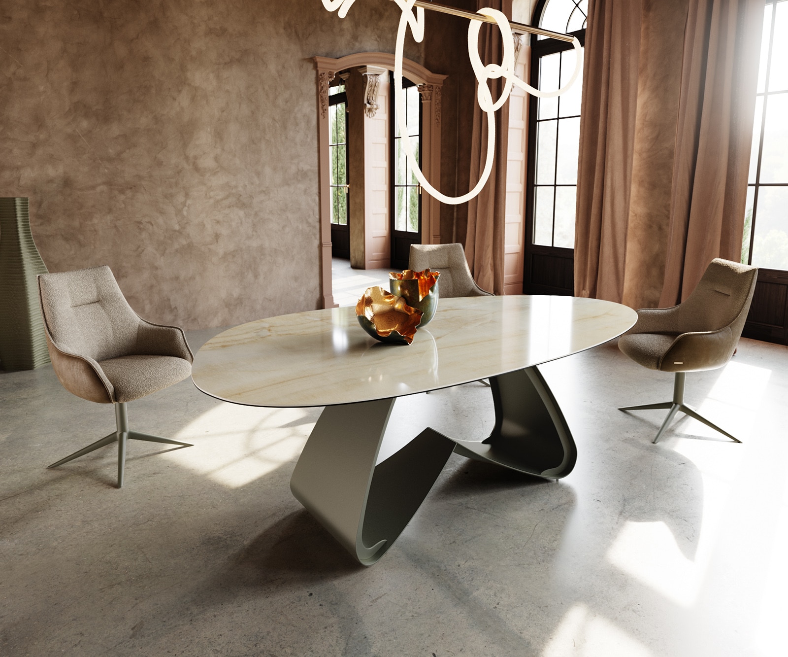 Stół do jadalni Edge owalny 220x120cm ceramika Iris FMG Onice Oro rama W metal kolor tytanowy 1