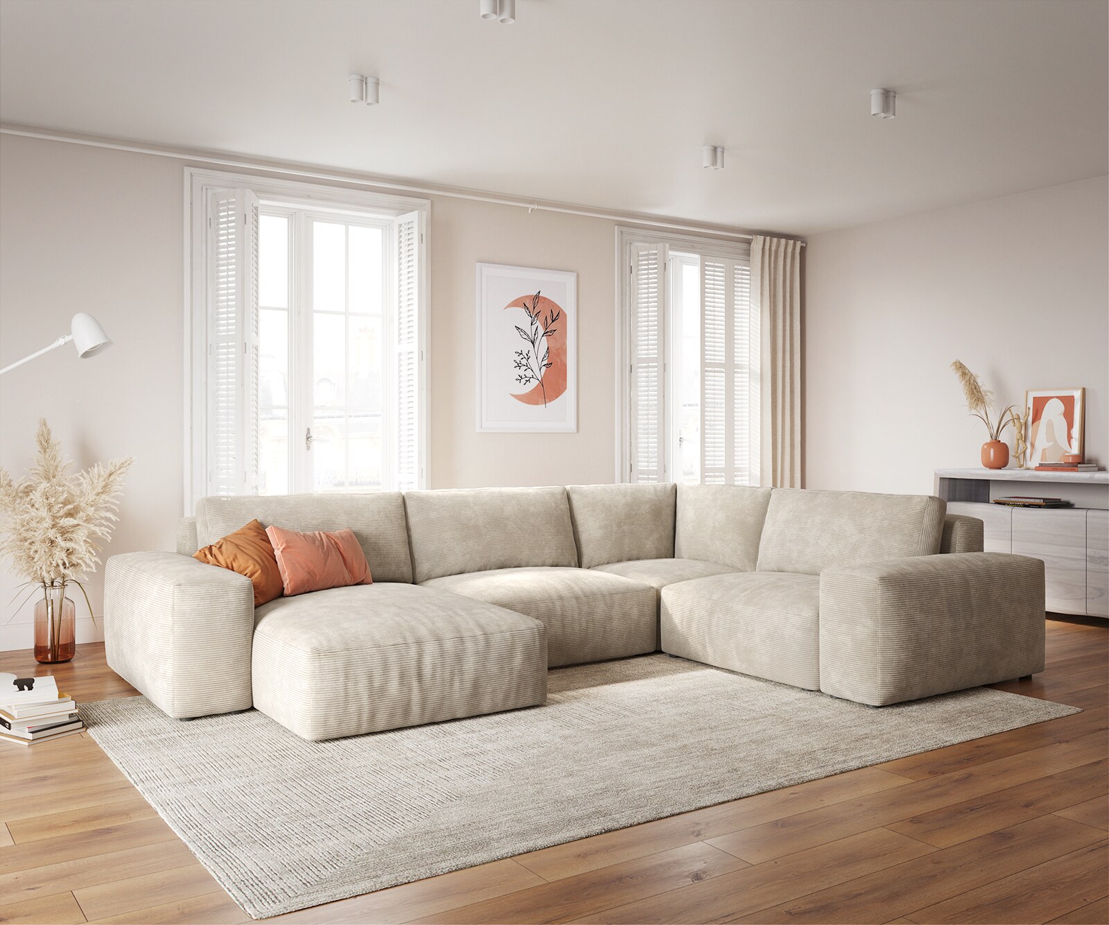 Zestaw wypoczynkowy Lanzo XL 360x260cm sztruks beżowy szezlong z możliwością zmiennego ustawienia