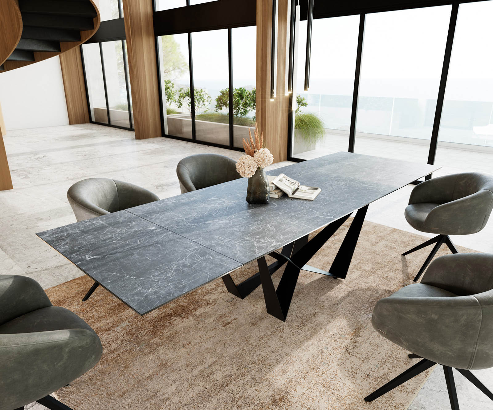Stół do jadalni Edge 200-300x100 cm ceramika Laminam® Nero Greco antracyt rama Spider metal czarna rozkładany