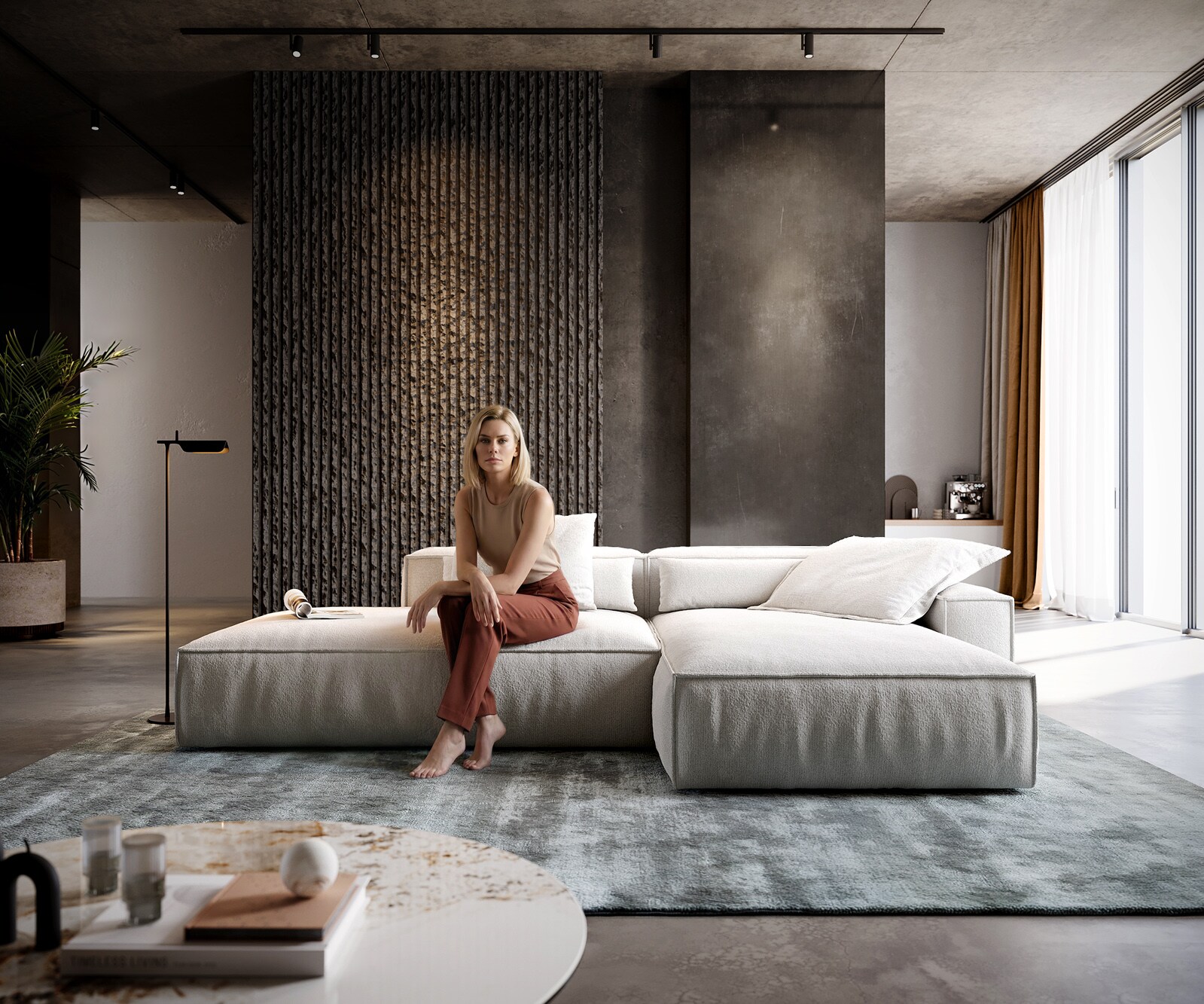 Sofa narożna Freestyle 310x200 cm miękka tkanina bouclé beżowa z lamówką