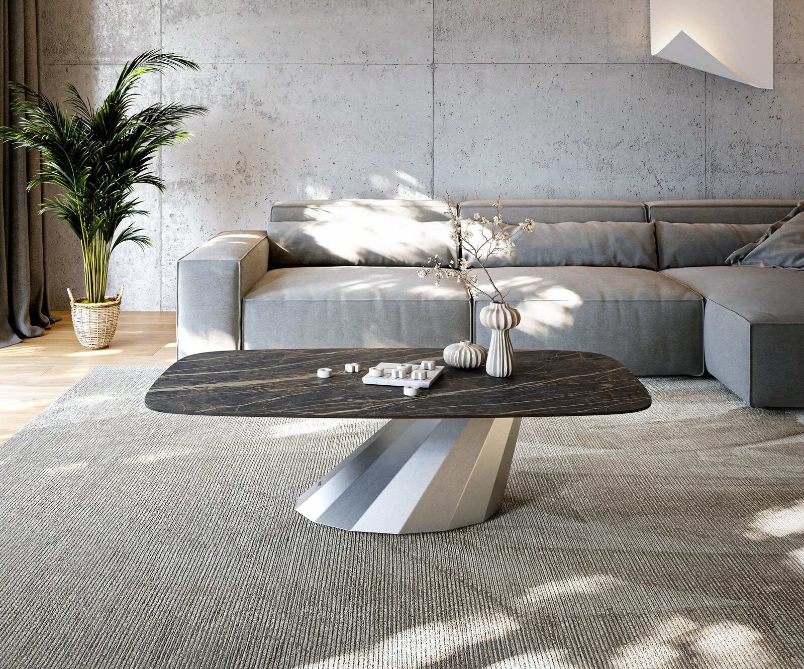 Stolik kawowy Edge w kształcie beczki 140x80 cm ceramika Laminam® Noir Desir brązowy Parabi stal nierdzewna szczotkowana 1