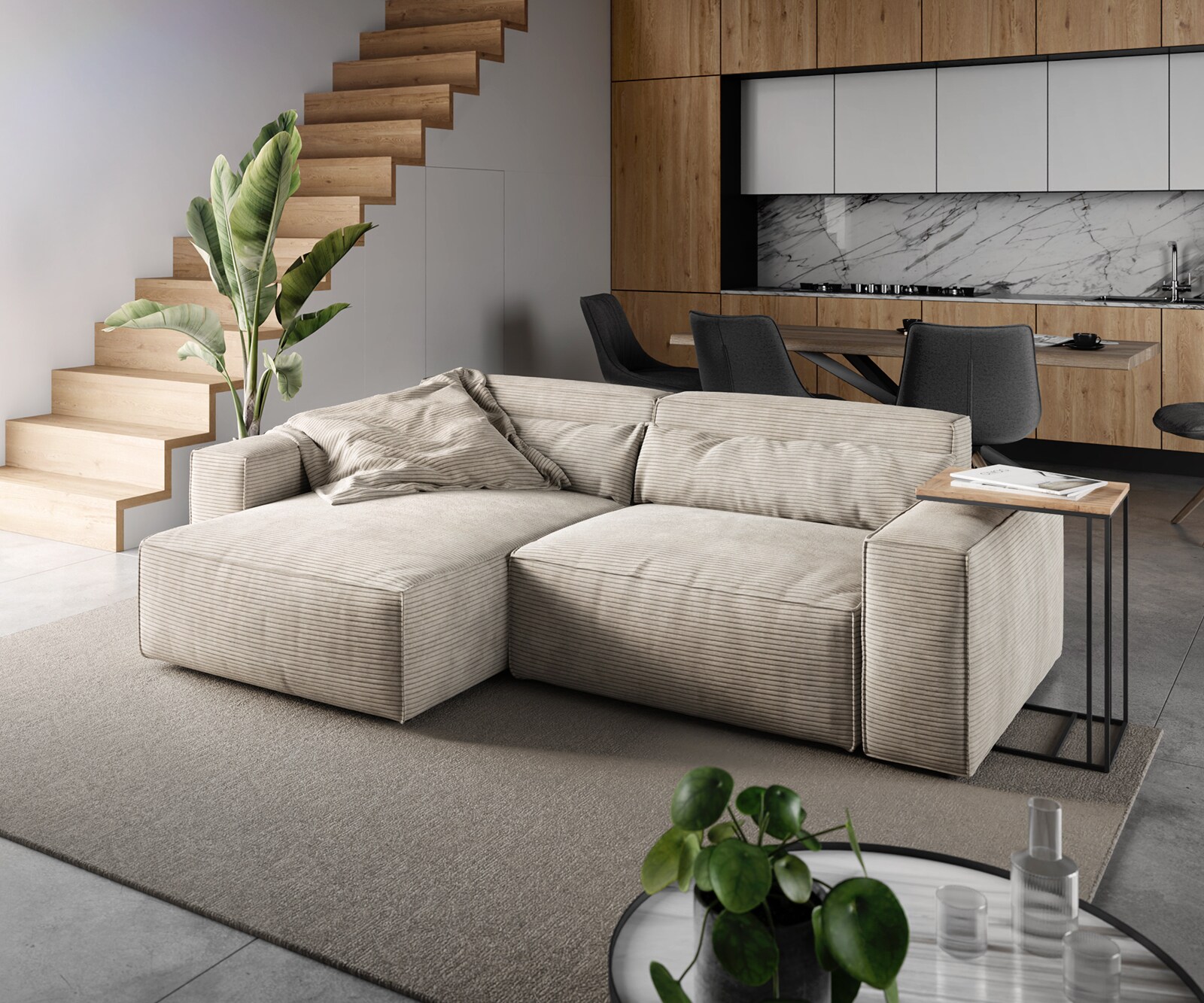 Sofa narożna Sirpio 230x155 cm sztruks beżowy szezlong z możliwością obustronnego montażu