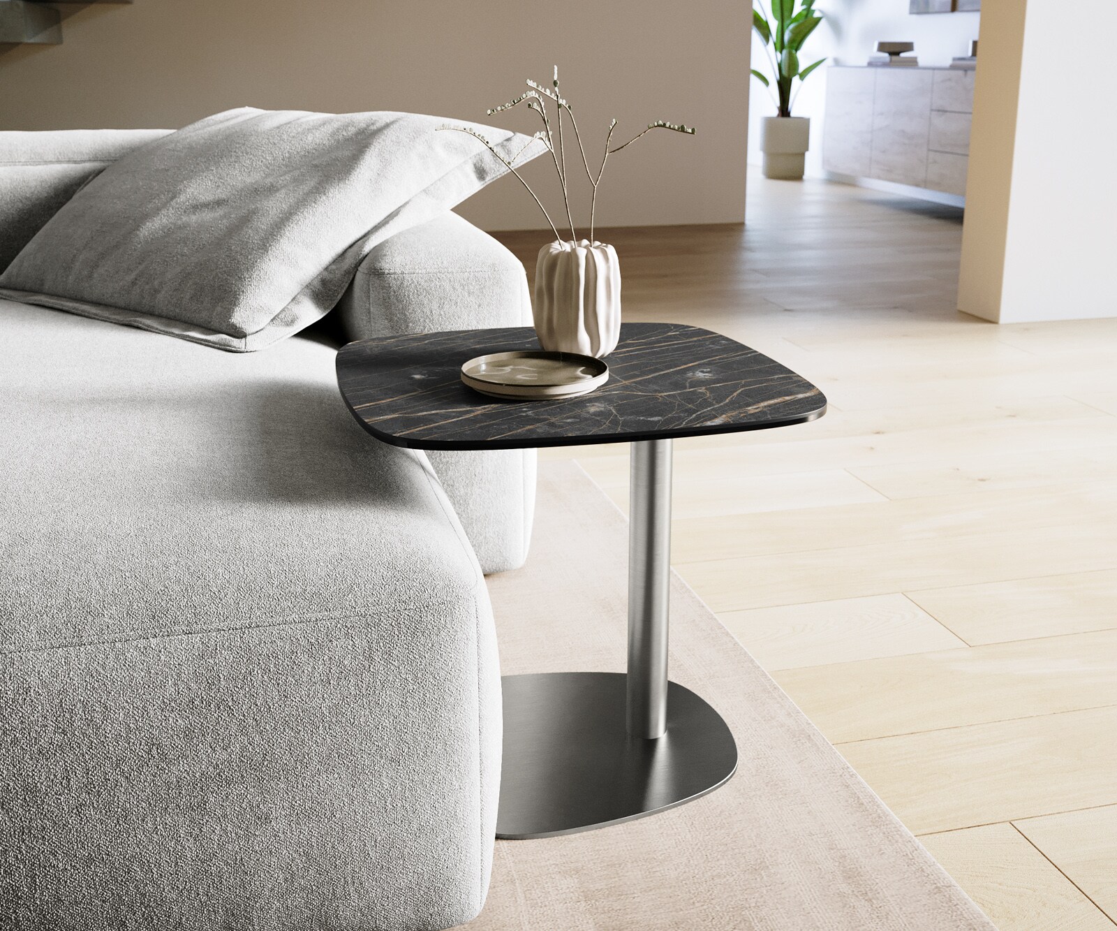 Stolik kawowy Edge w kształcie beczki 50x50 cm Laminam® Noir Desir brązowy podstawa Eleny stal nierdzewna szczotkowana 1