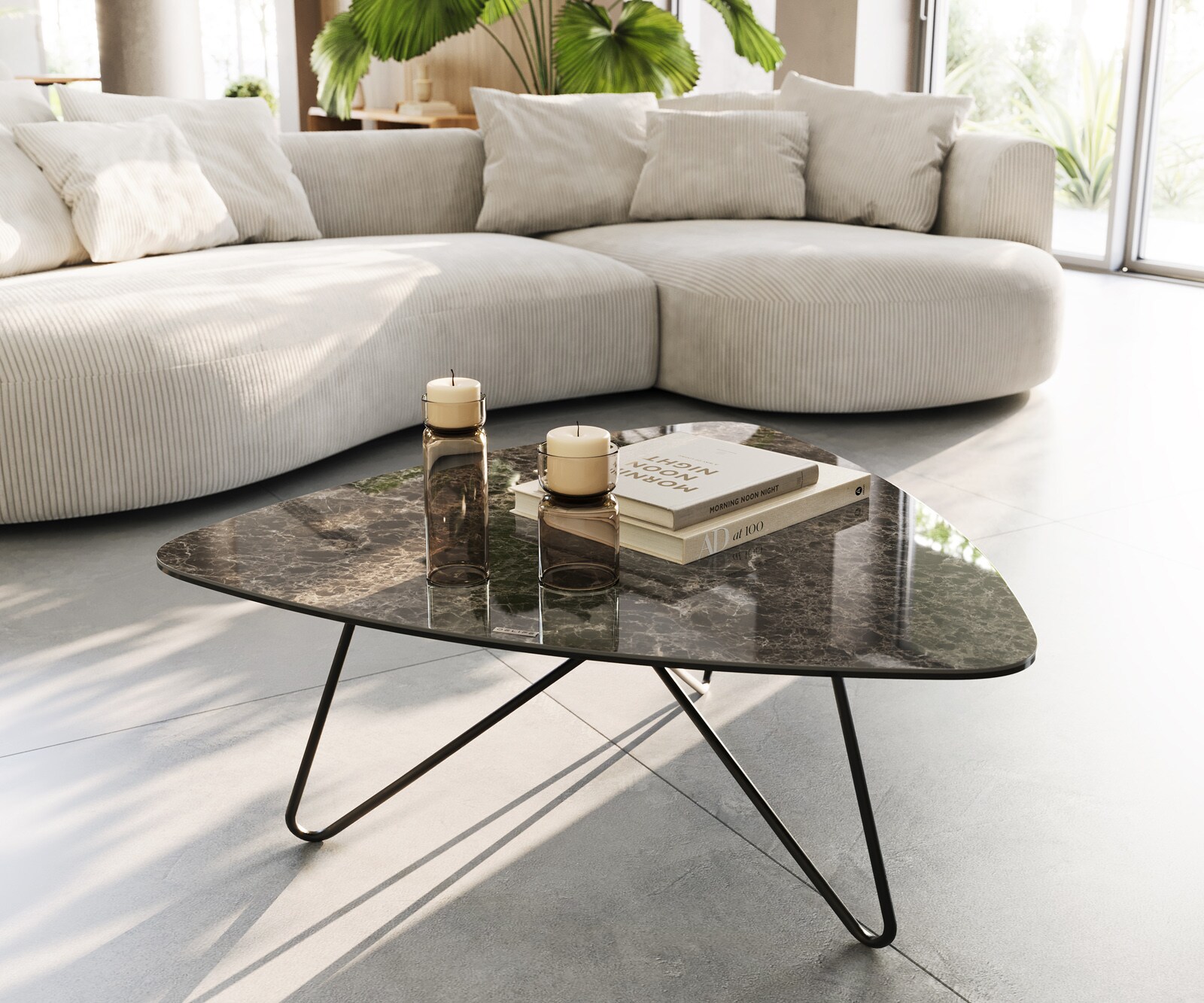 Stolik kawowy Ekrem 88x85cm ceramika Emperador Extra Lucidato ciemnobrązowa nóżki Hairpin metal czarny