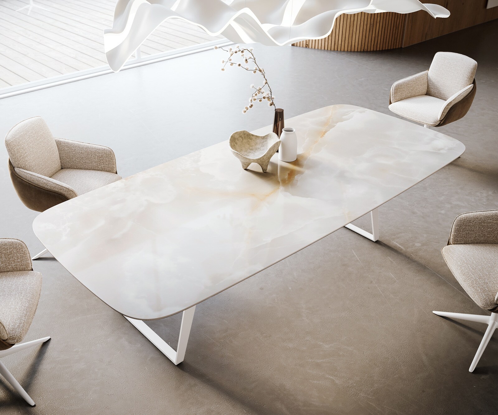 Stół do jadalni Edge w kształcie beczki 270x120 cm ceramika Iris FMG Onice Grigio rama pochylona metal biały 4