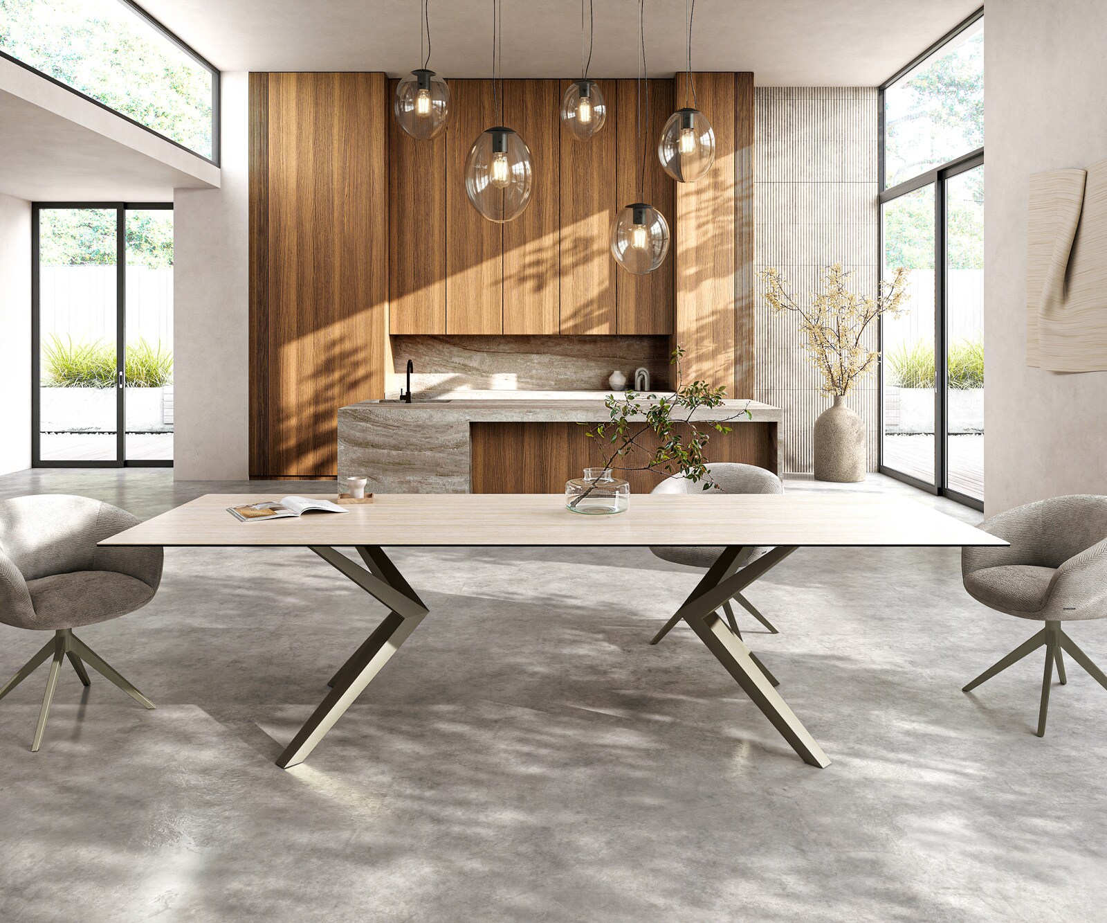 Stół do jadalni Edge 300x100cm ceramika Laminam® Travertino Bianco kremowo-biały rama Zenthara metal kolor tytanowy 1