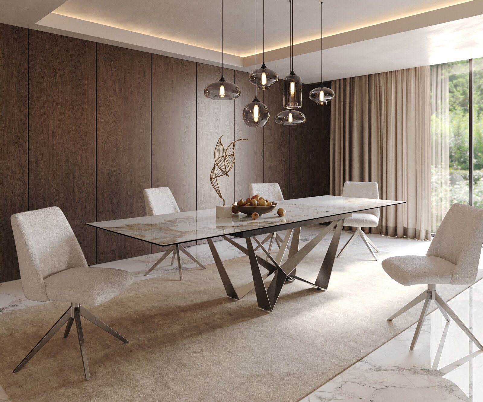 Stół do jadalni Edge 200-300x100 cm ceramika Minas Melange biało-beżowy rama Spider stal nierdzewna rozkładany 8