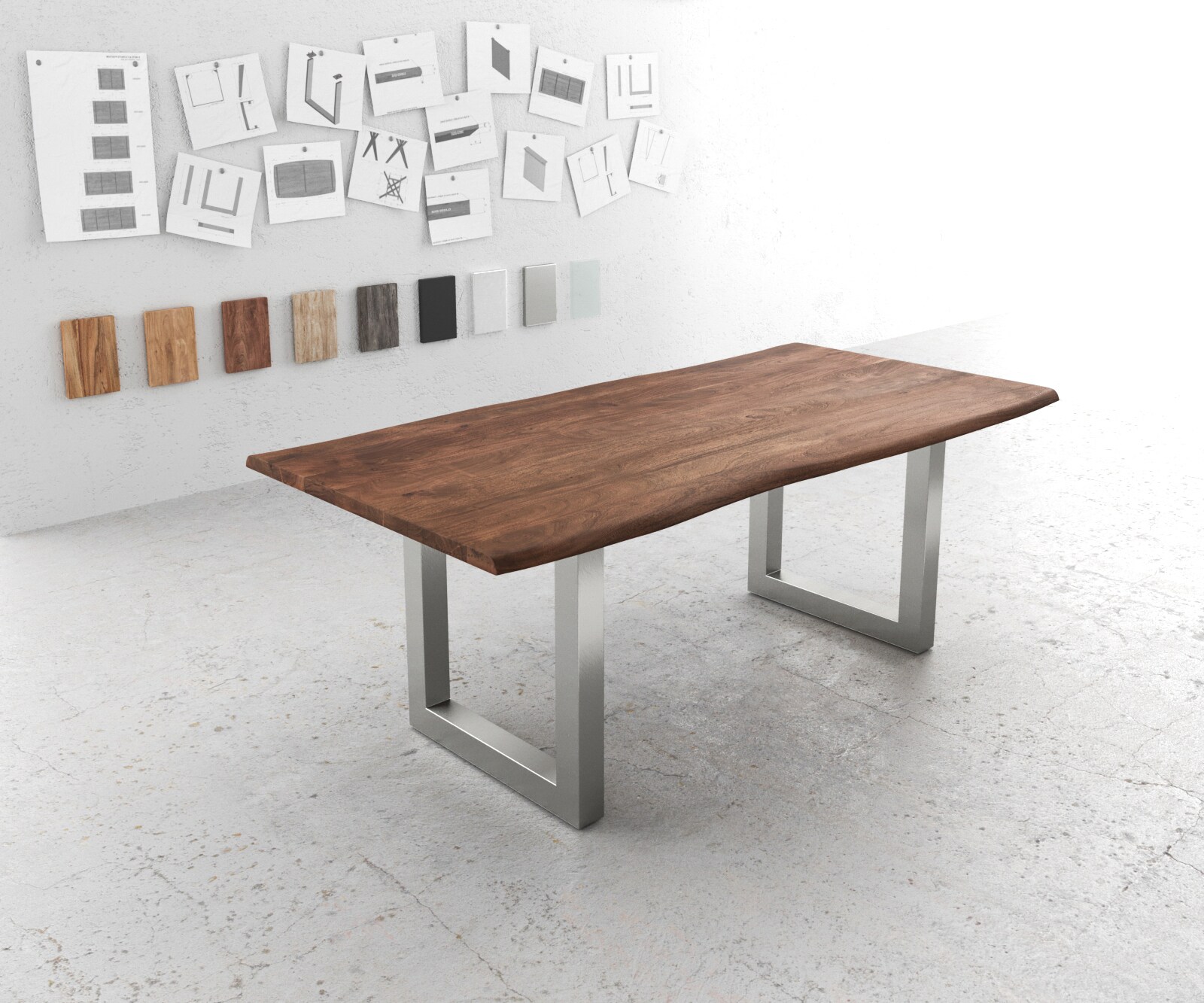 Stół do jadalni Edge 200x100 cm akacja brązowa stal nierdzewna szeroka rama live-edge