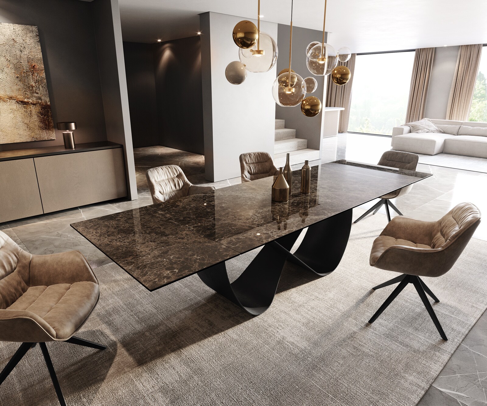 Stół do jadalni Edge 200-300x100cm ceramika Laminam® Emperador Extra Lucidato ciemnobrązowy rama Infinity metal czarny rozkładany