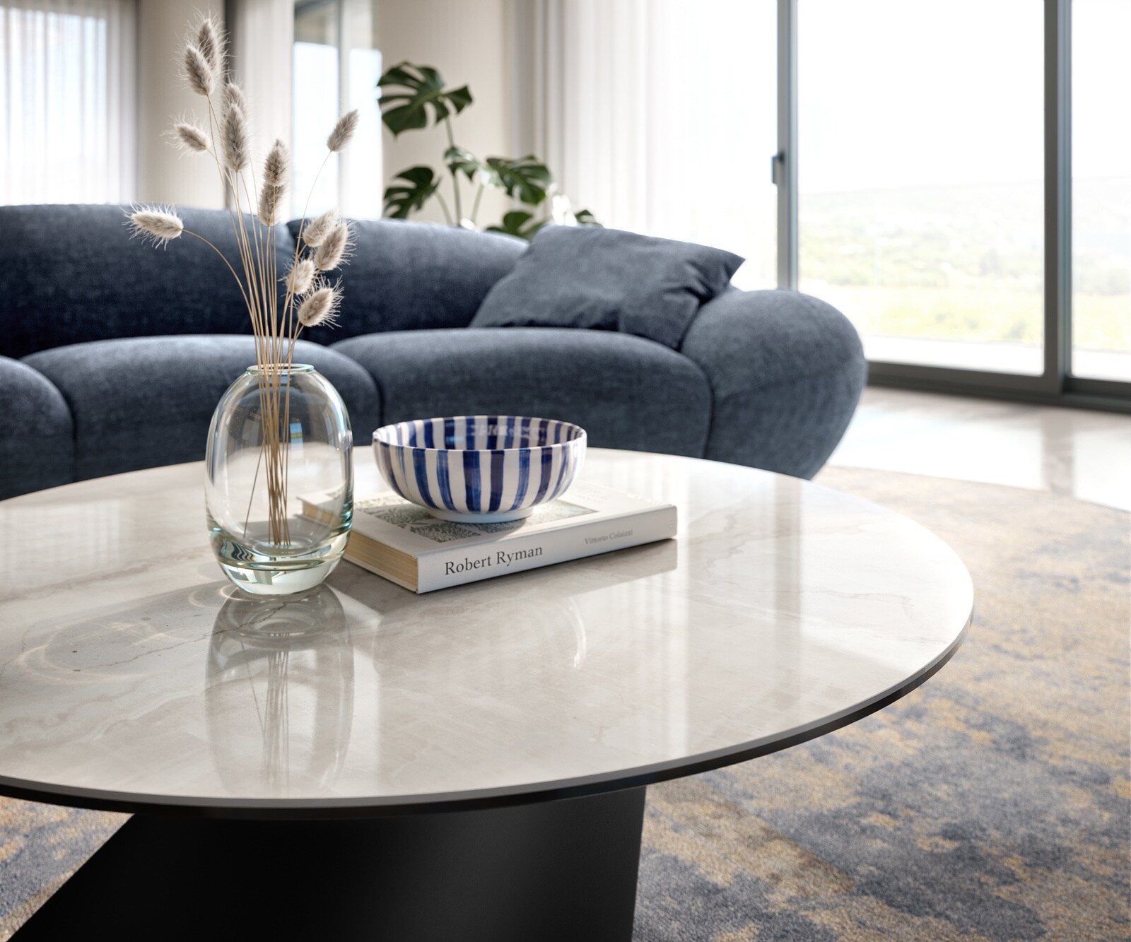Stolik kawowy Edge okrągły 90x90 cm ceramika Onyx Champagne podstawa Conis metal czarny 6
