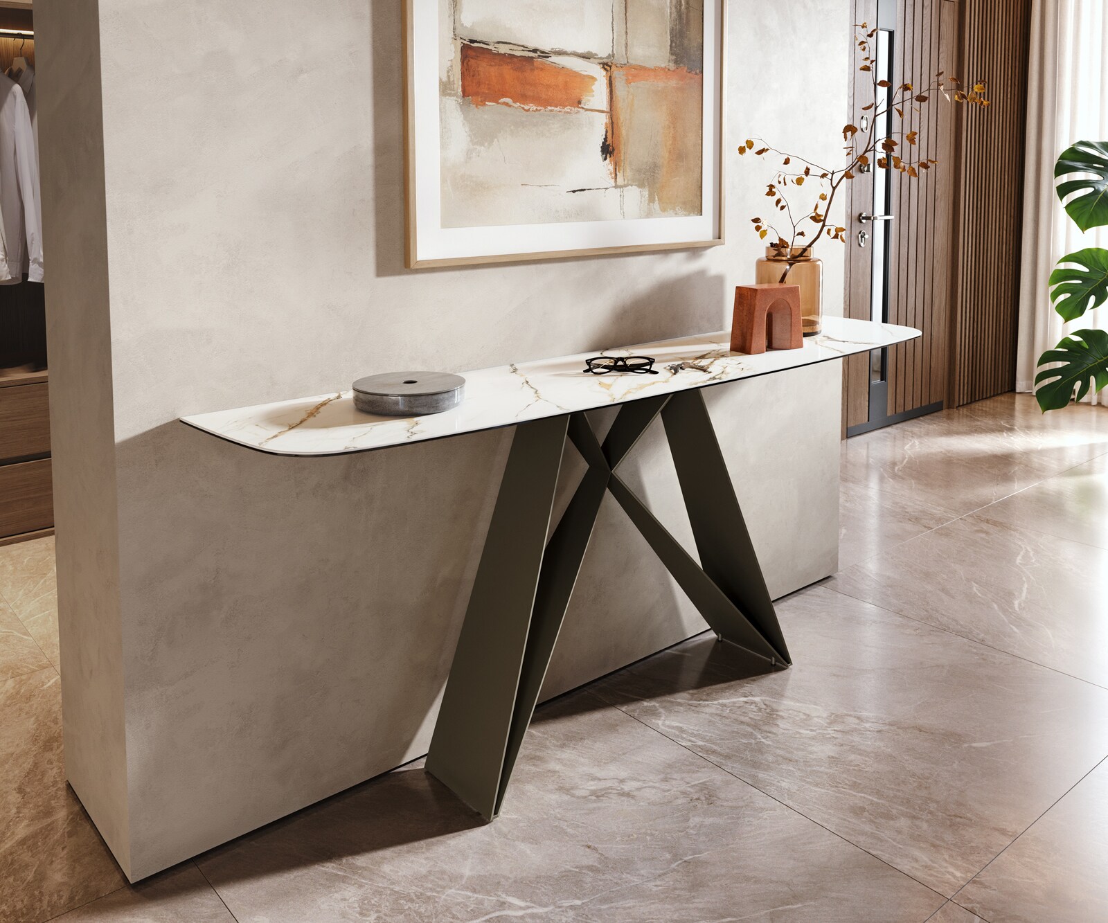 Konsola Edge w kształcie beczki 180x40 cm Calacatta Luxe biało-złoto-szara podstawa Velio metal w kolorze tytanu 4