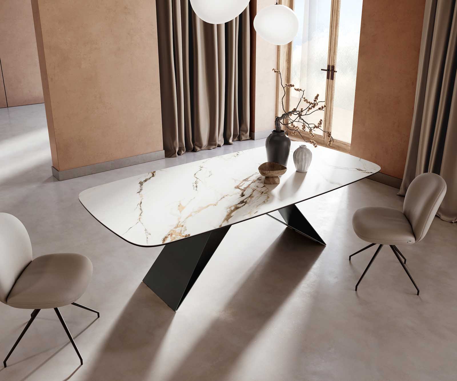 Stół do jadalni Edge kształt beczki 240x120cm ceramika Calacatta Luxe biało-złoto-szary rama V metal czarna 5