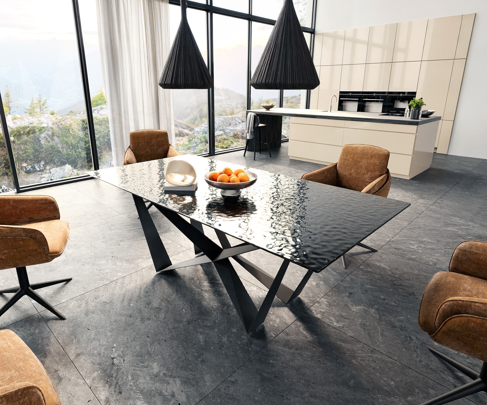 Stół do jadalni Edge 200x100 cm szkło reliefowe czarne efekt 3D rama Spider metal czarna