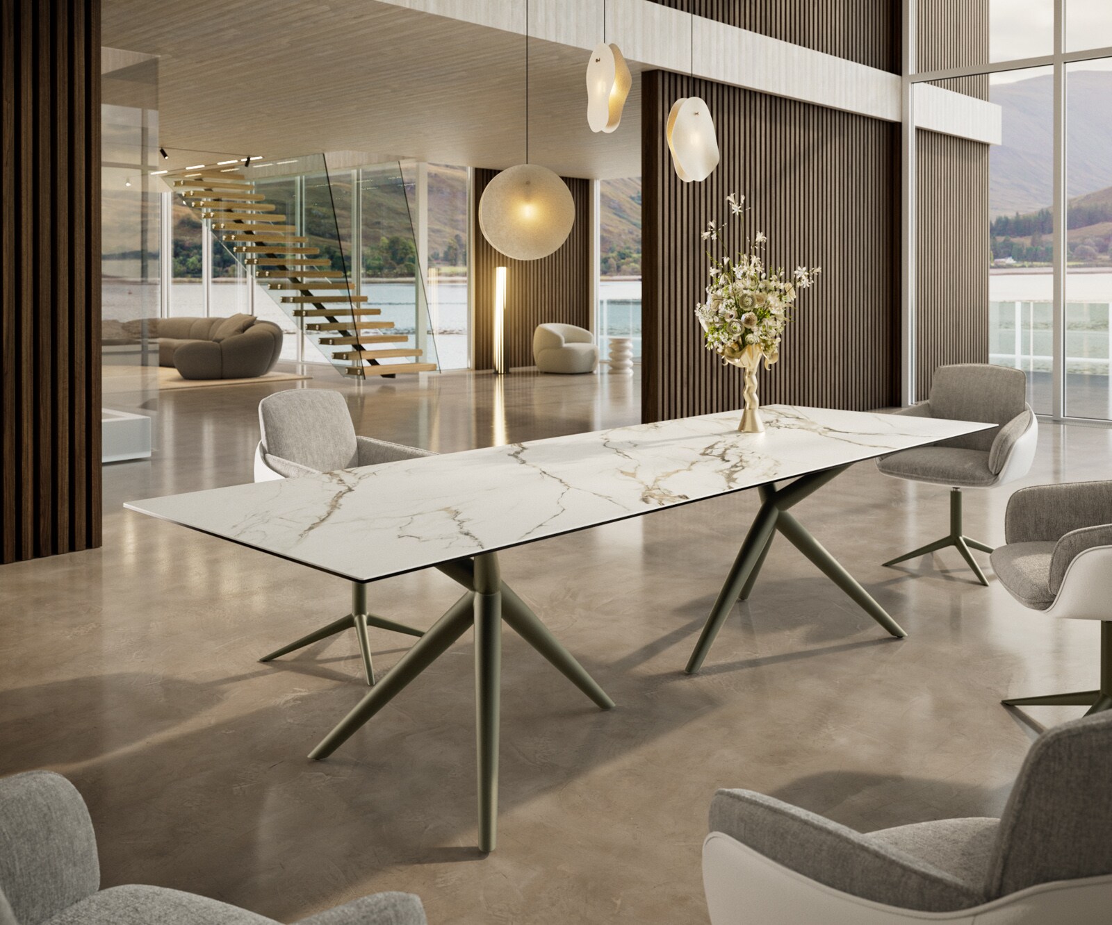 Stół do jadalni Edge 300x100cm ceramika Calacatta Luxe biało-złoto-szary rama Estelar metal kolor tytanowy 1