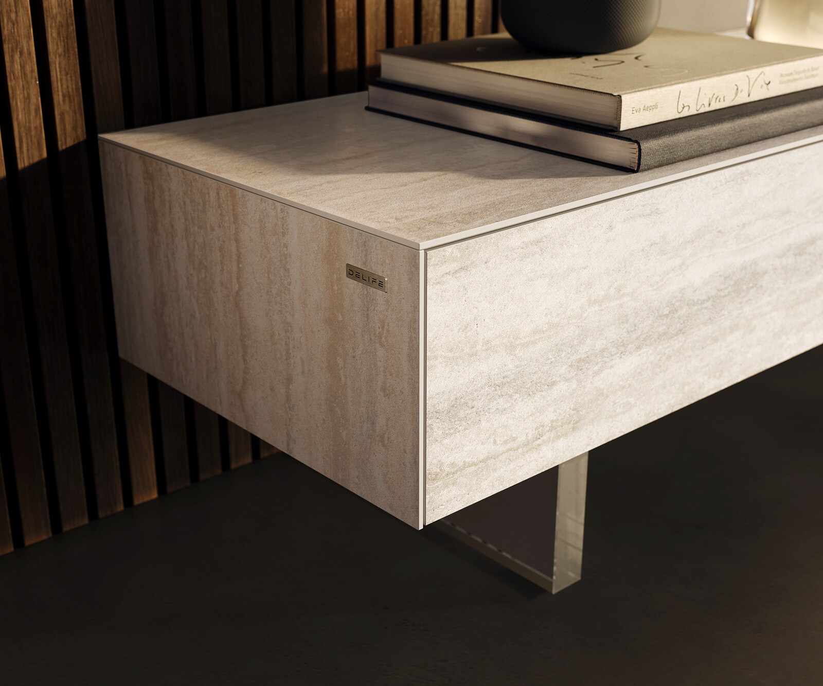 Szafka RTV Cuor 250 cm ceramika Laminam® Travertino Bianco kremowo-biała 1 klapa 1 szuflada nóżki akrylowe 5