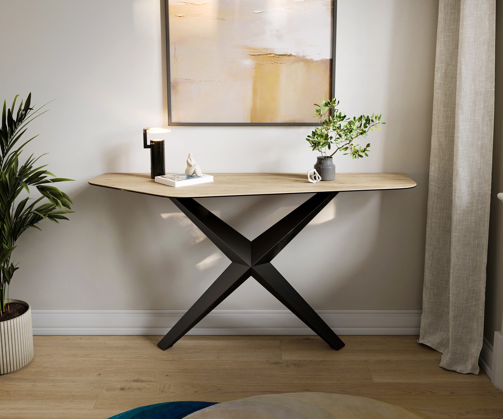Konsola Edge wielokątna 140x50 cm ceramika Laminam® Sabbia w kolorze dębu podstawa Zentharo metal czarny 1