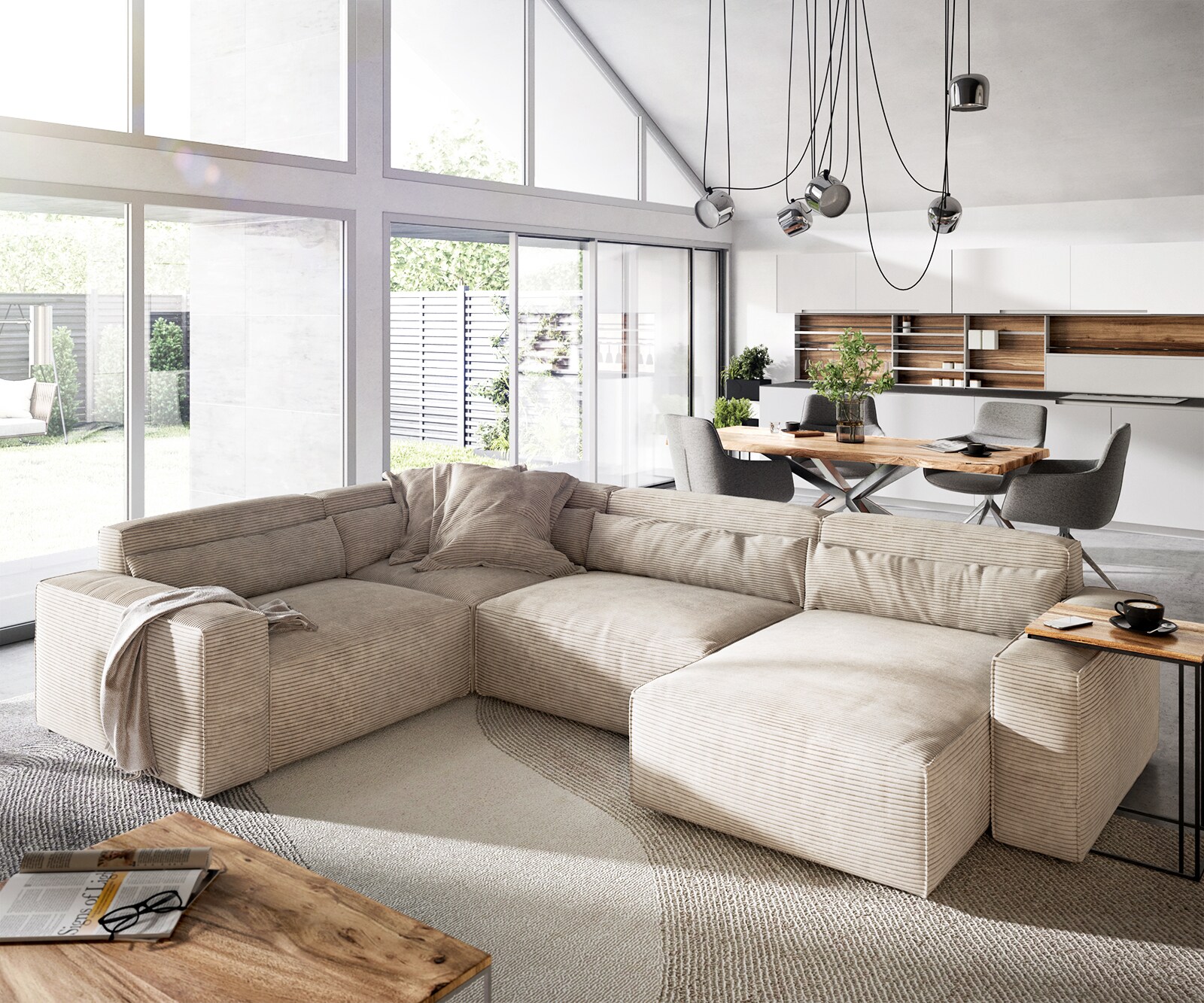 Sofa w kształcie litery U Sirpio 300x210 cm sztruks beżowy szezlong z możliwością obustronnego montażu 1