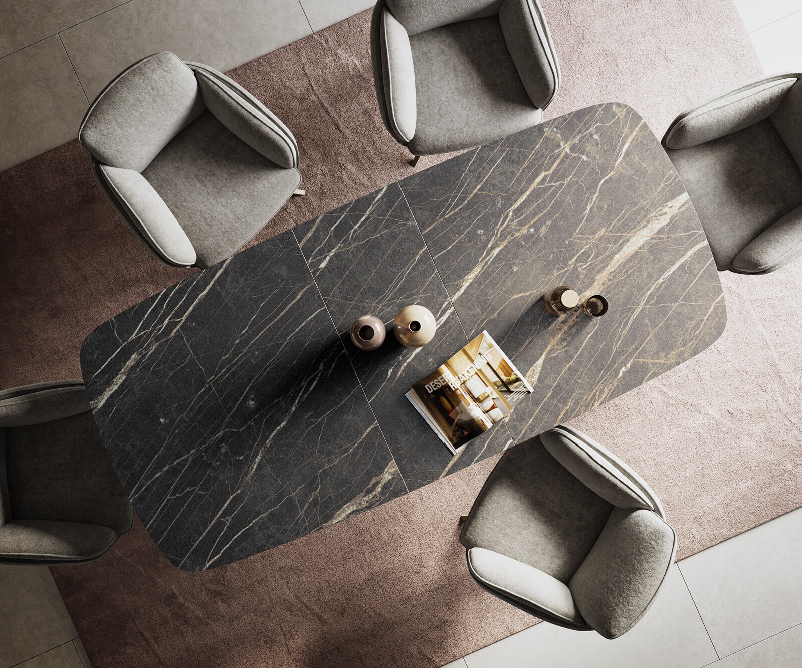 Stół do jadalni Edge w kształcie beczki 180-220x100 cm Laminam® ceramika Noir Desir Braun rama Spider metal kolor tytanowy rozkładany 7